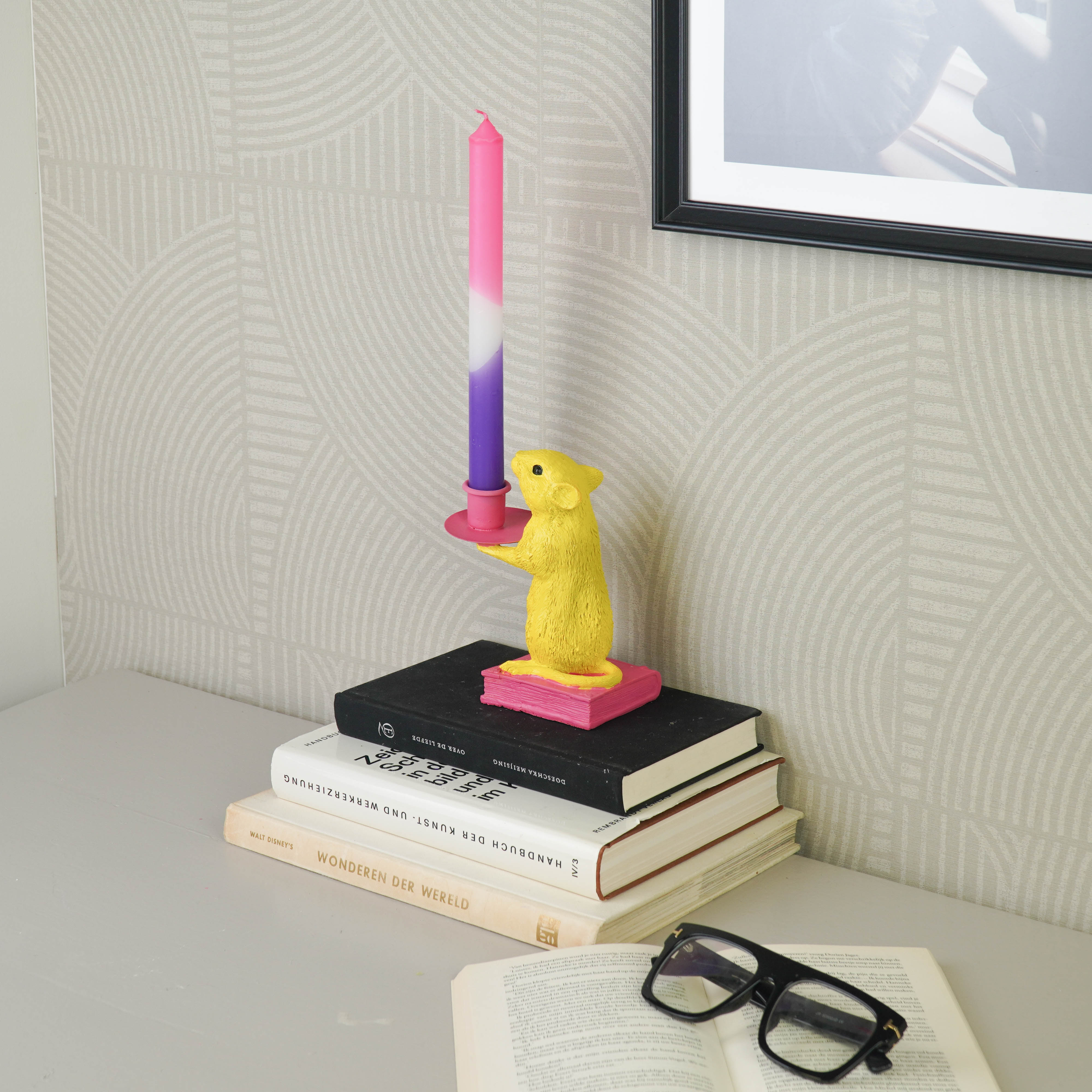 Kaarshouder - Muis Kandelaar - Polyresin - Geel/ Roze - 8x10x17cm