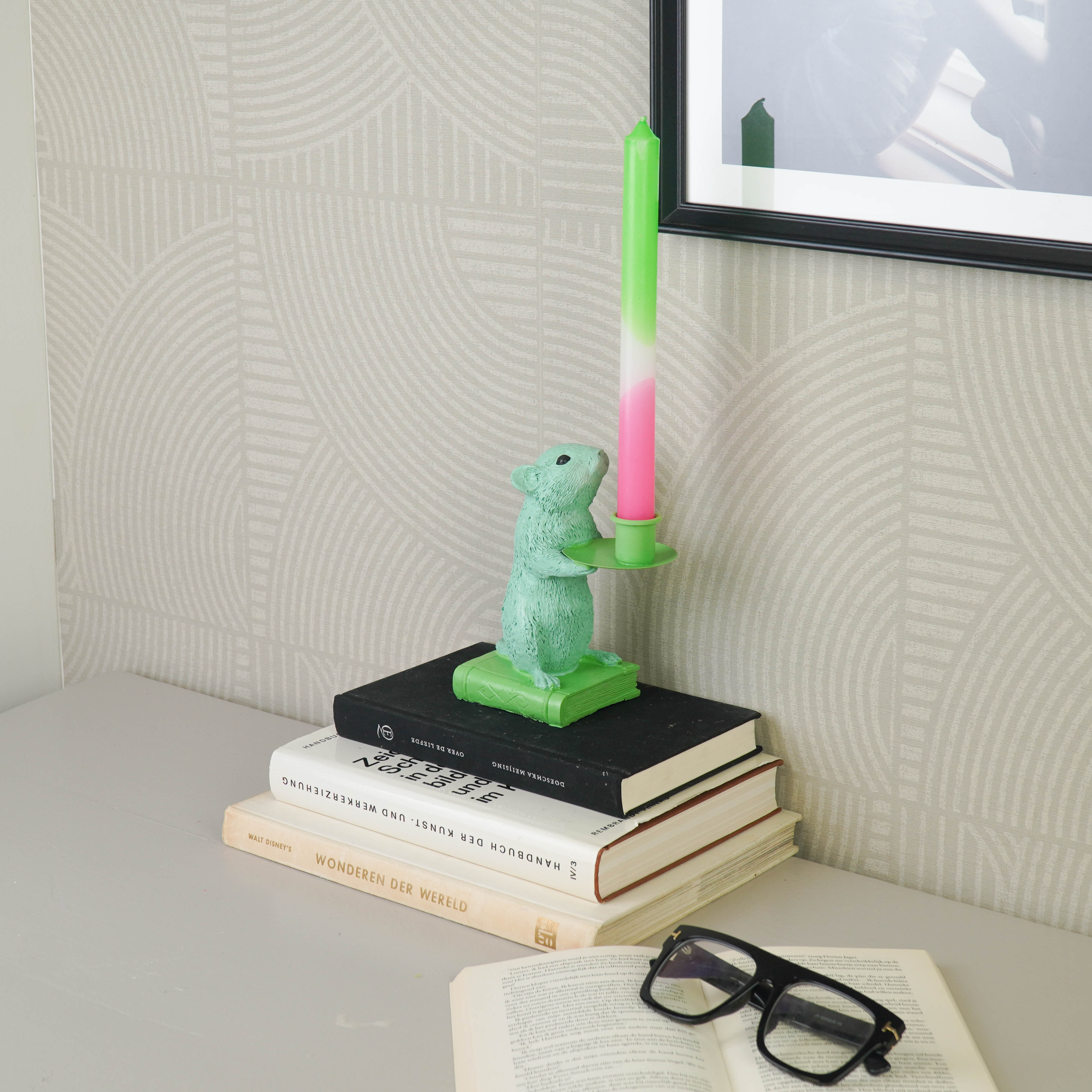 Kaarshouder - Muis Kandelaar - Polyresin - Mint/ Groen - 8x10x17cm