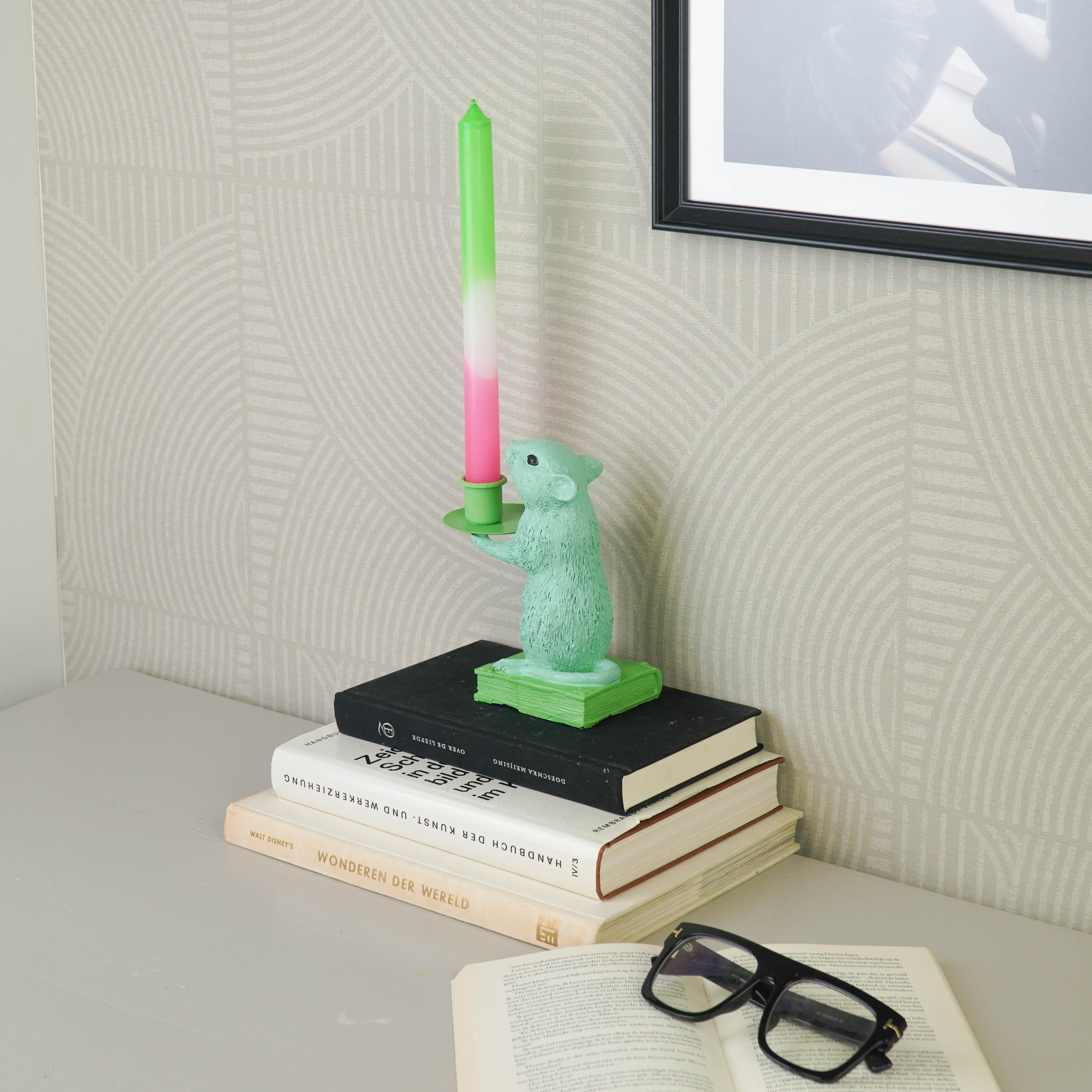 Kaarshouder - Muis Kandelaar - Polyresin - Mint/ Groen - 8x10x17cm