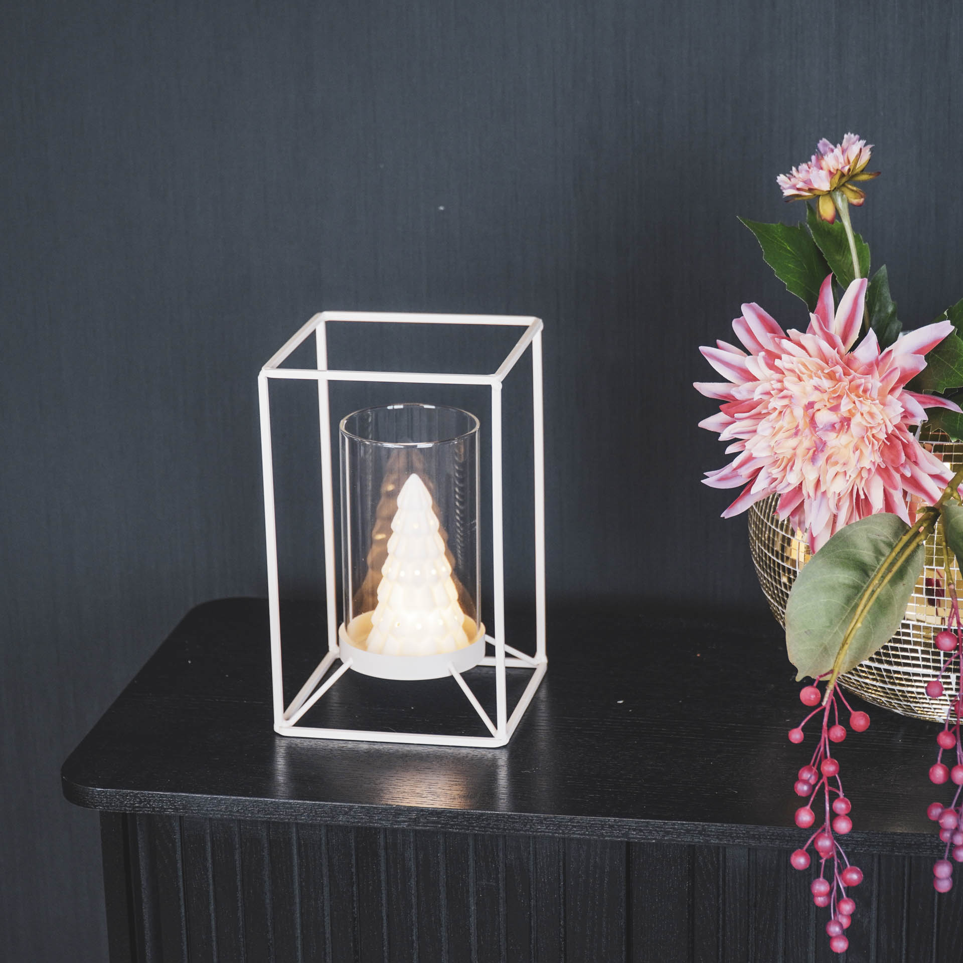 Kaarshouder- Windlicht -Metaal/Glas - Zand - 12,5x12,5x20cm