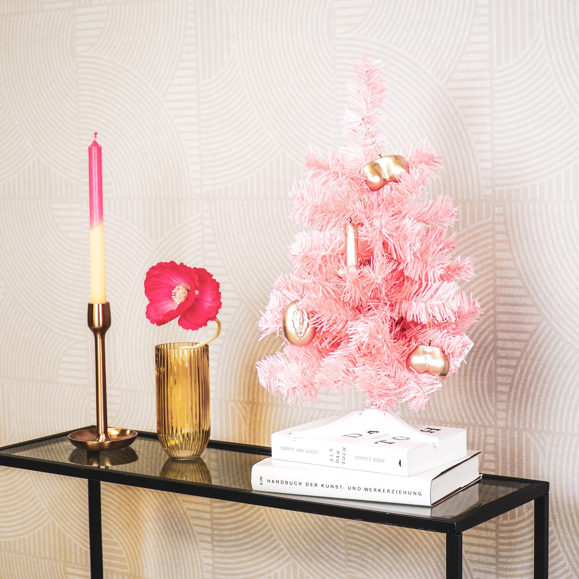 Kunstboom - Kerstboom met led lampjes - Kunststof - Roze - 50 cm