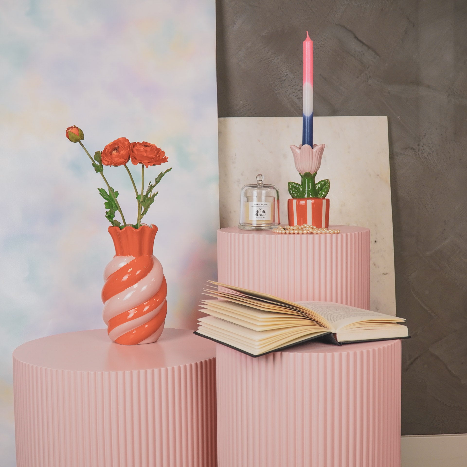 Vaas- Bloemen Vaas Swirl- Aardewerk- Roze/ Oranje- 13x13x23cm