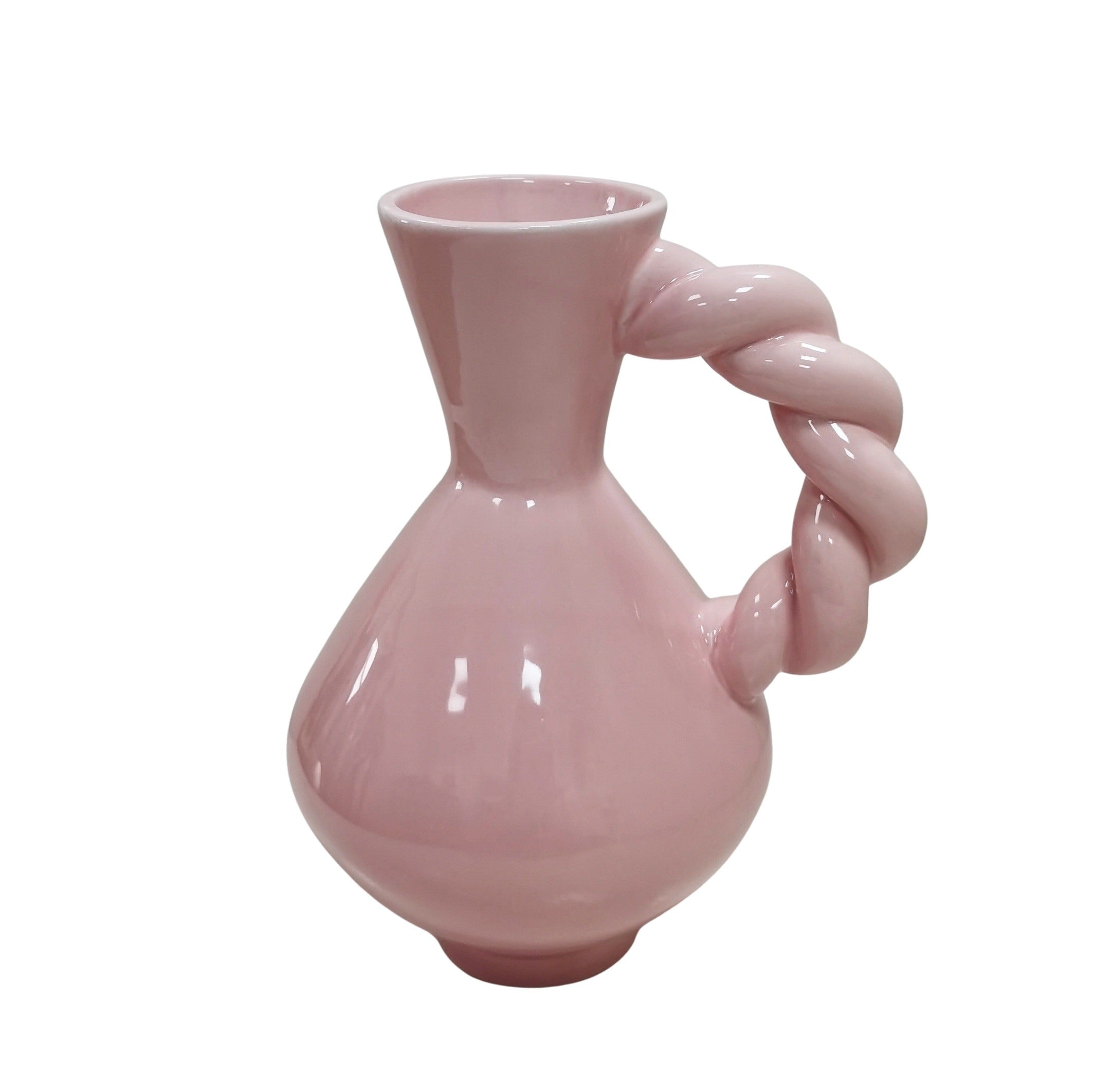 Vaas- Kruik met Gedraaid Handvat- Dolomiet- Roze-17,5x13,5x22cm