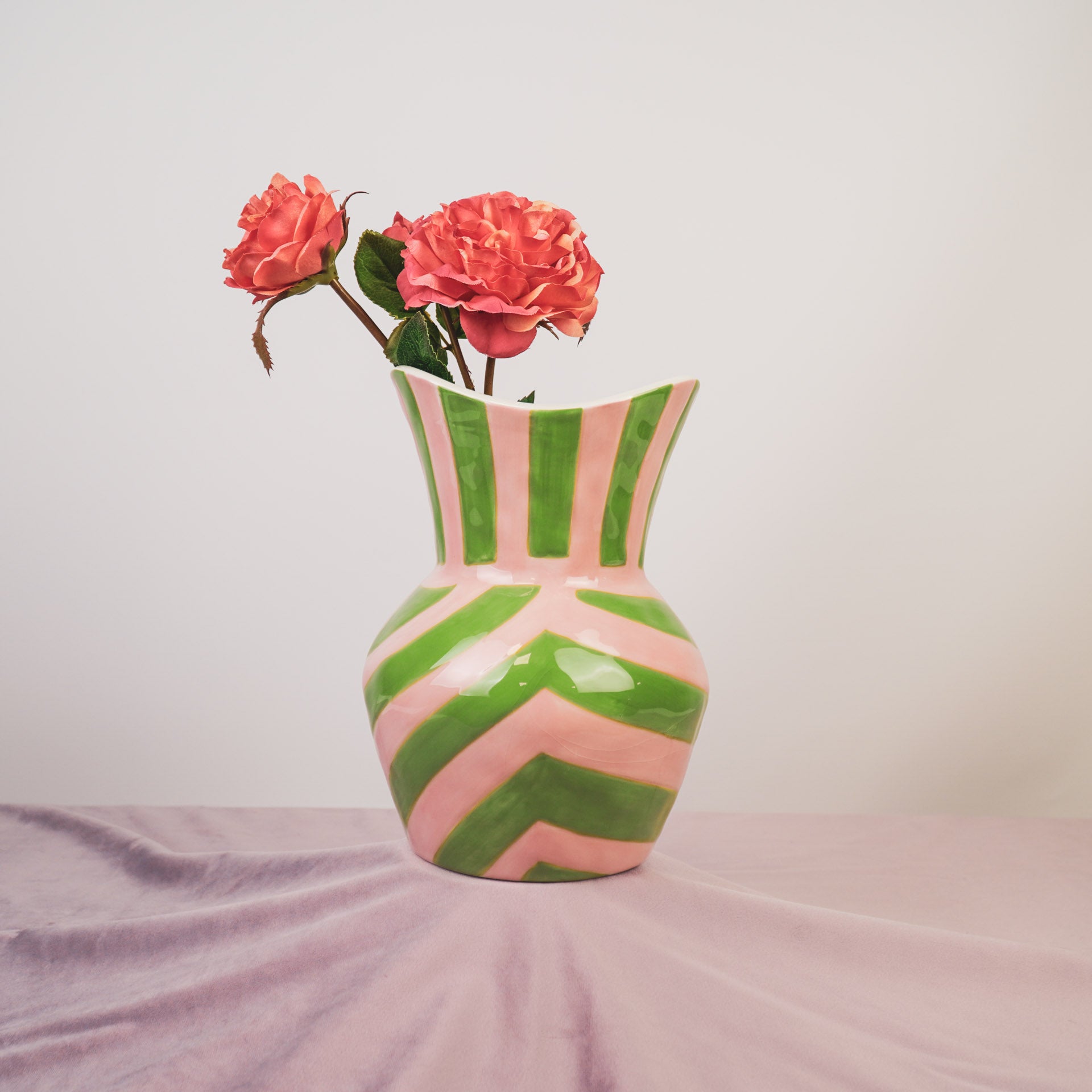 Vaas- Bloemen Vaas Streep- Dolomiet- Groen/Roze - 16x16x22cm