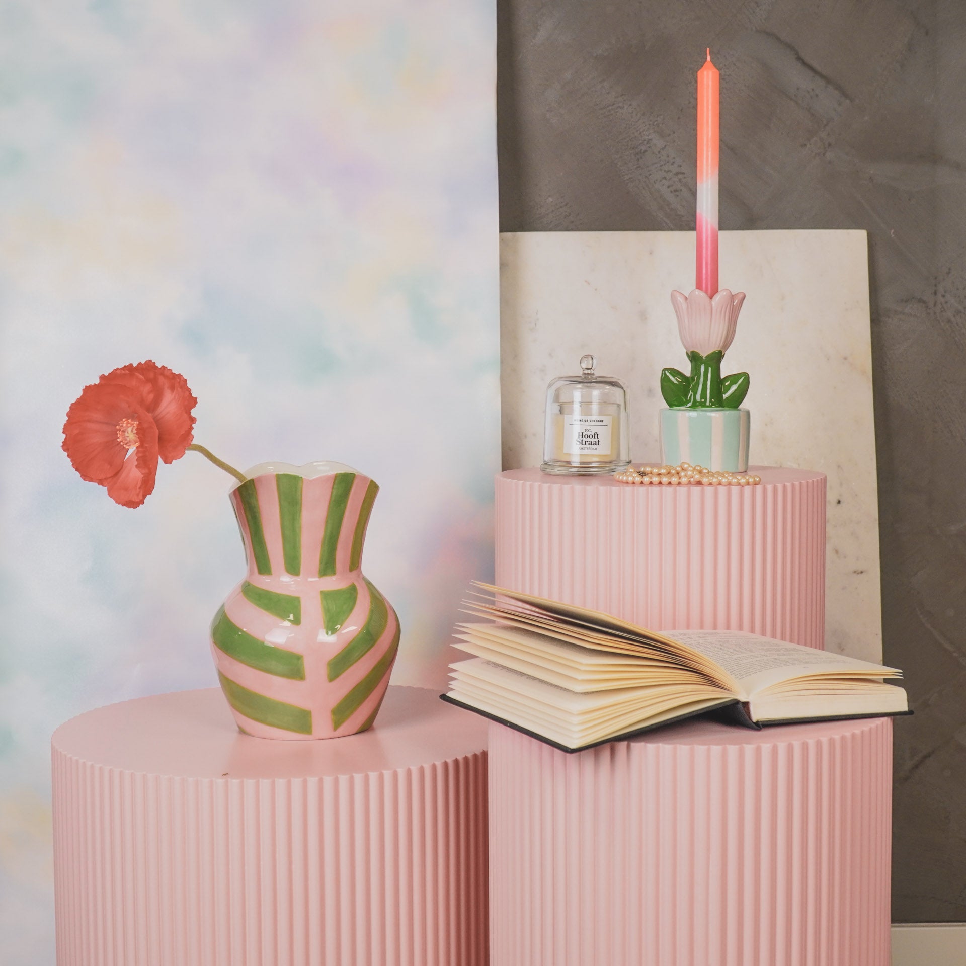 Vaas- Bloemen Vaas Streep- Dolomiet- Groen/Roze - 16x16x22cm