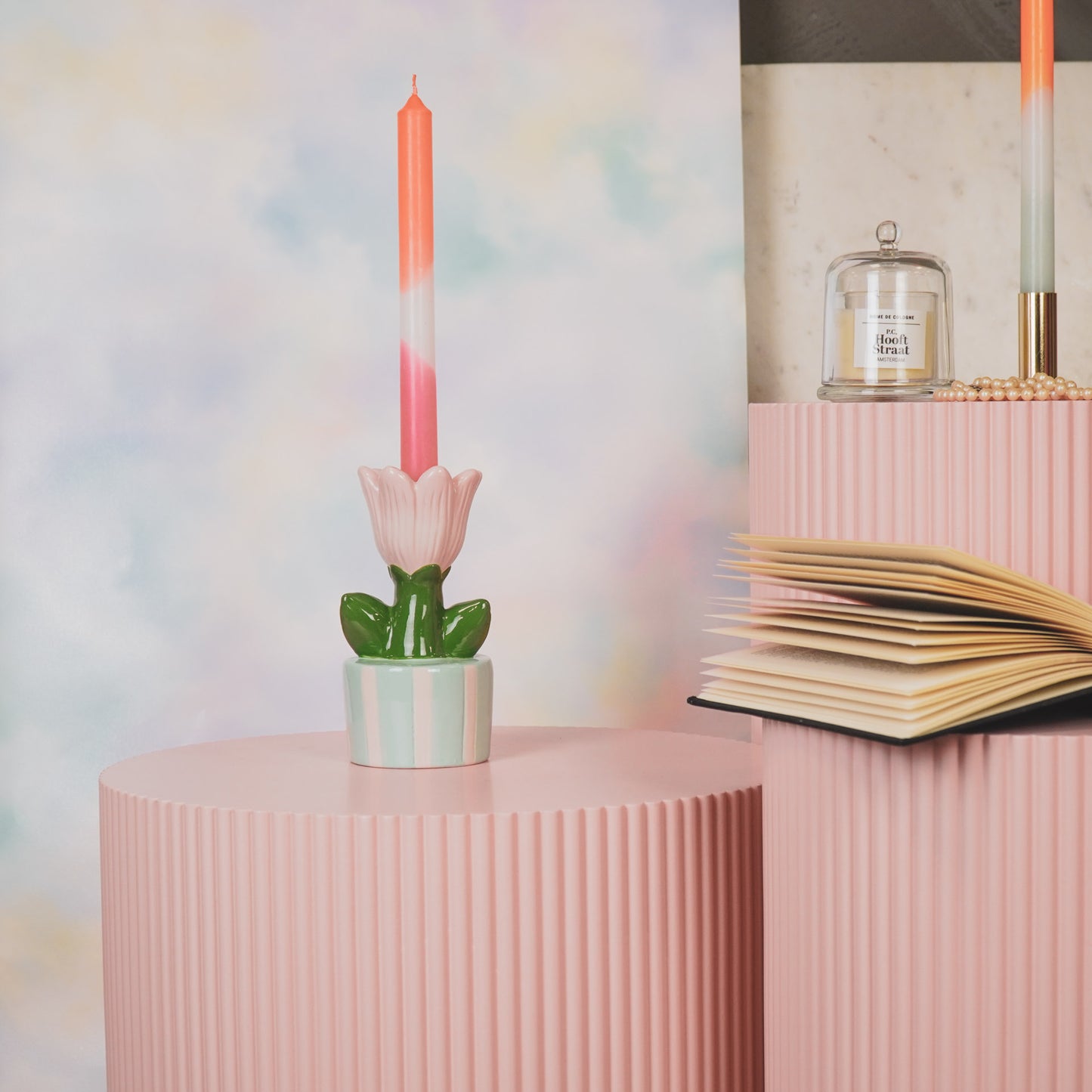 Kaarshouder- Kandelaar Tulp- Dolomiet- Mint/ Licht Roze- 9x8,5x17,5cm
