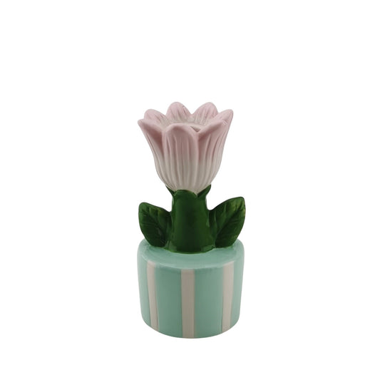 Kaarshouder- Kandelaar Tulp - Aardewerk- Mint/Licht Roze- 9x8,5x17,5cm