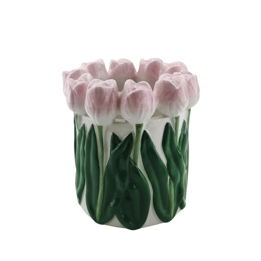 Vaas- Bloemen Vaas met Tulpen - Aardewerk - Licht Roze/Groen- 15x15x14cm