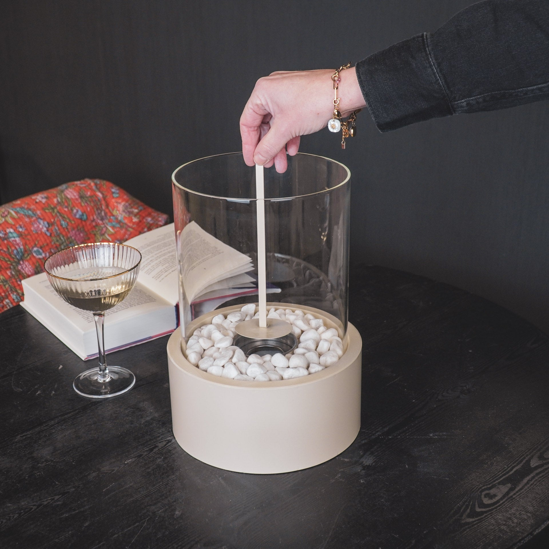 Tafel Haard- Rond - Metaal/Glas - Zand - 21x21x28cm