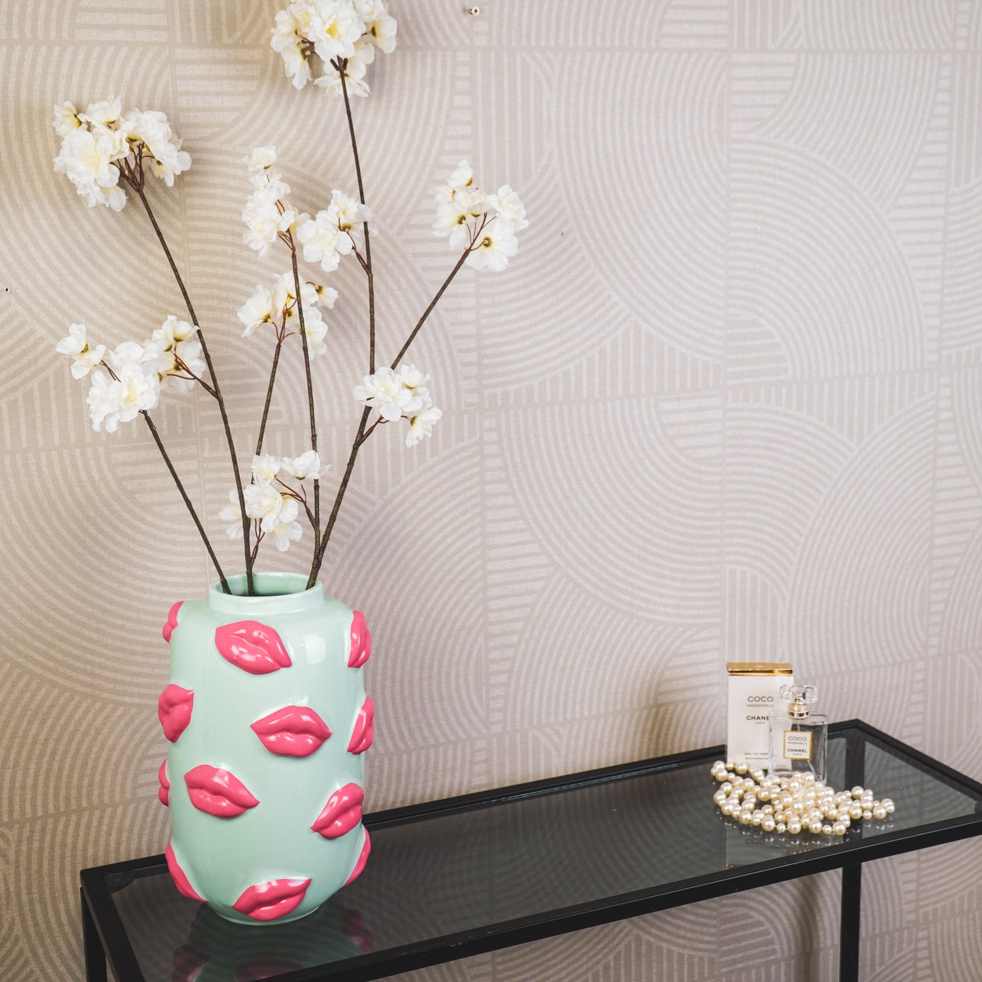 Vaas - Bloemenvaas Lippen - Keramiek - Mint Groen/ Fluor Roze -  17x17x27cm