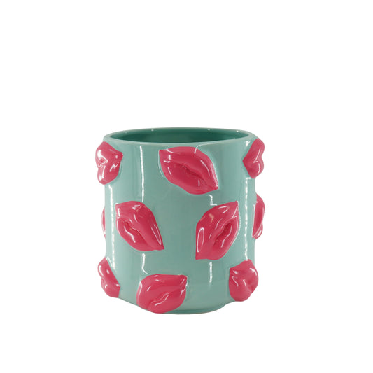 Pot - Planten Pot Lippen - Keramiek - Mint Groen /Fluor Roze - 17,5x17,5x17,5cm