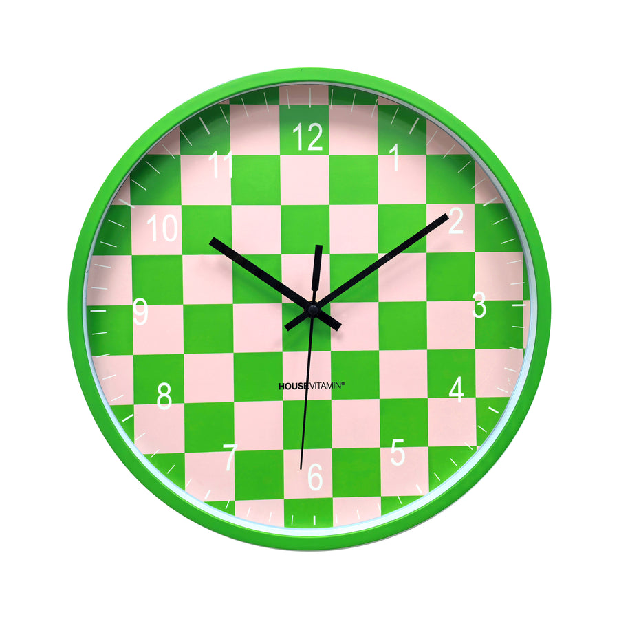 Klok - Wandklok - Geblokt Patroon - Groen/Roze - 34x4x34cm