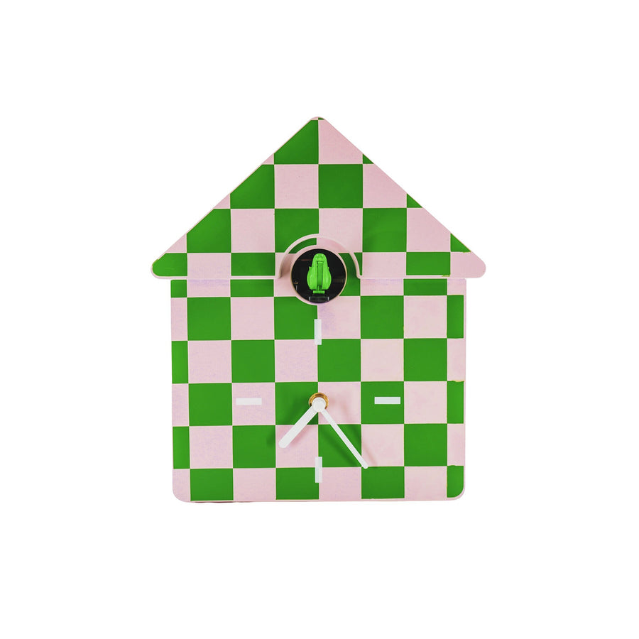 Klok- Wandklok Koekoeksklok - Geblokt Patroon- Groen/Roze - 24x27x9cm