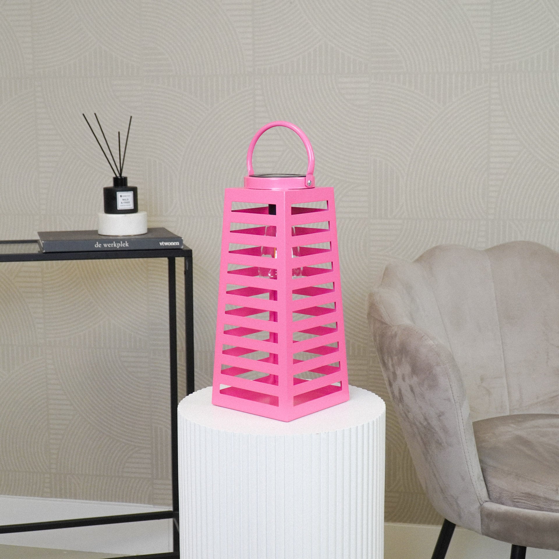 Lamp- Lantaarn/ Windlicht - Solar - Metaal - Roze - 14x14x32,5cm