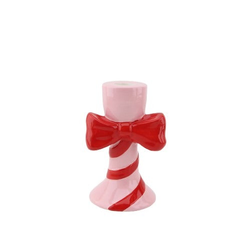 Kaarshouder-Kandelaar - Strik - Keramiek - Roze/Rood - 9x8x14cm