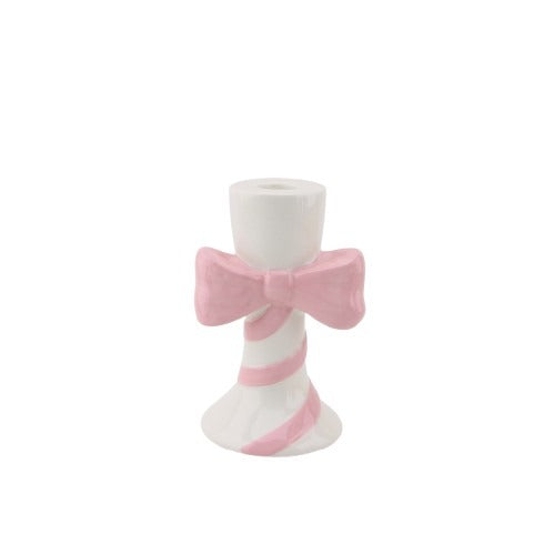 Kaarshouder - Kandelaar - Strik - Keramiek - Wit/Roze - 9x8x14cm