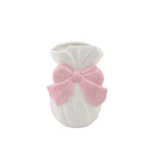 Vaasje - Met Strik - Keramiek - Wit/Roze - 11x10x16cm