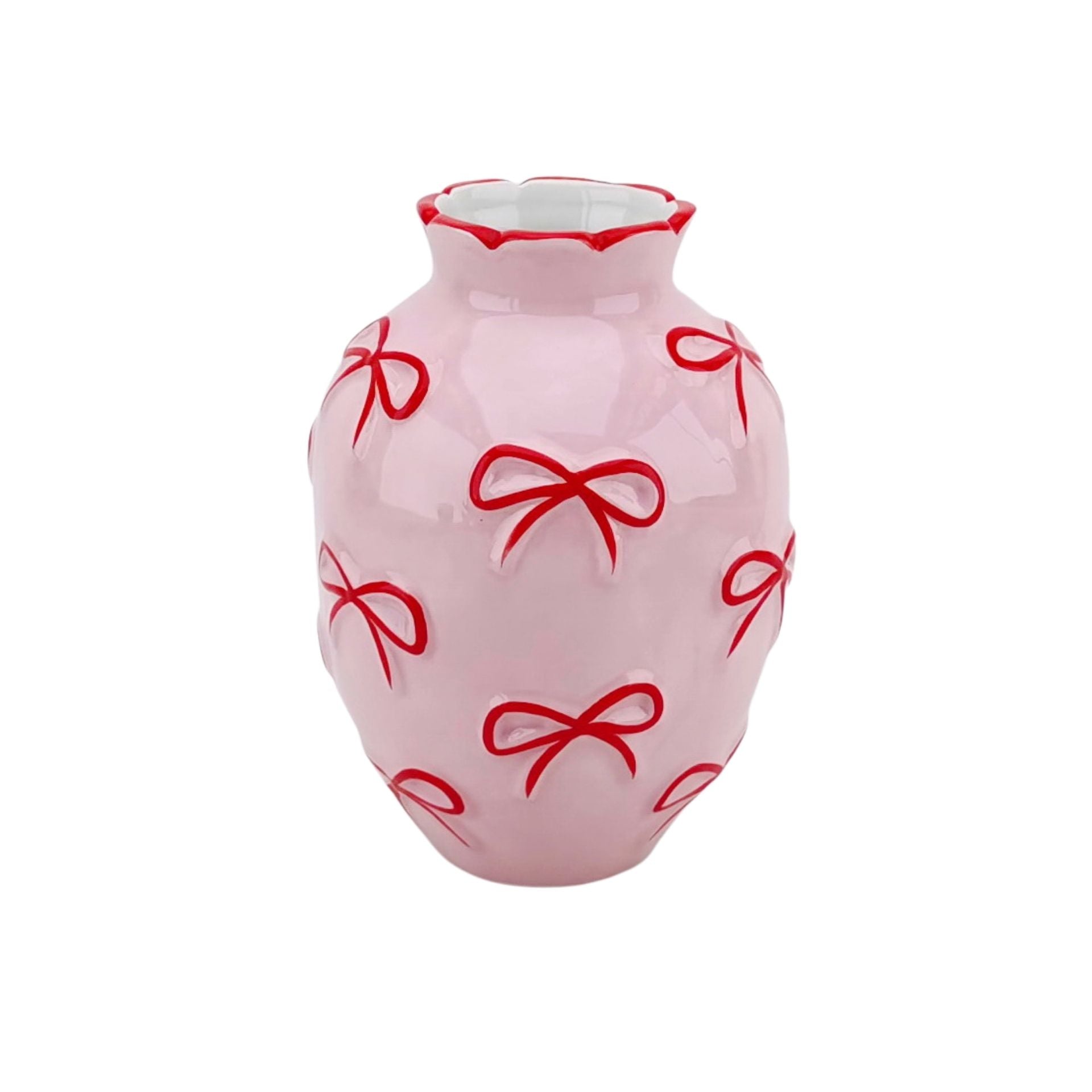 Vaas -Bloemenvaas Strikjes - Dolomiet - Licht Roze /Rood - 13,5x13,5x19cm