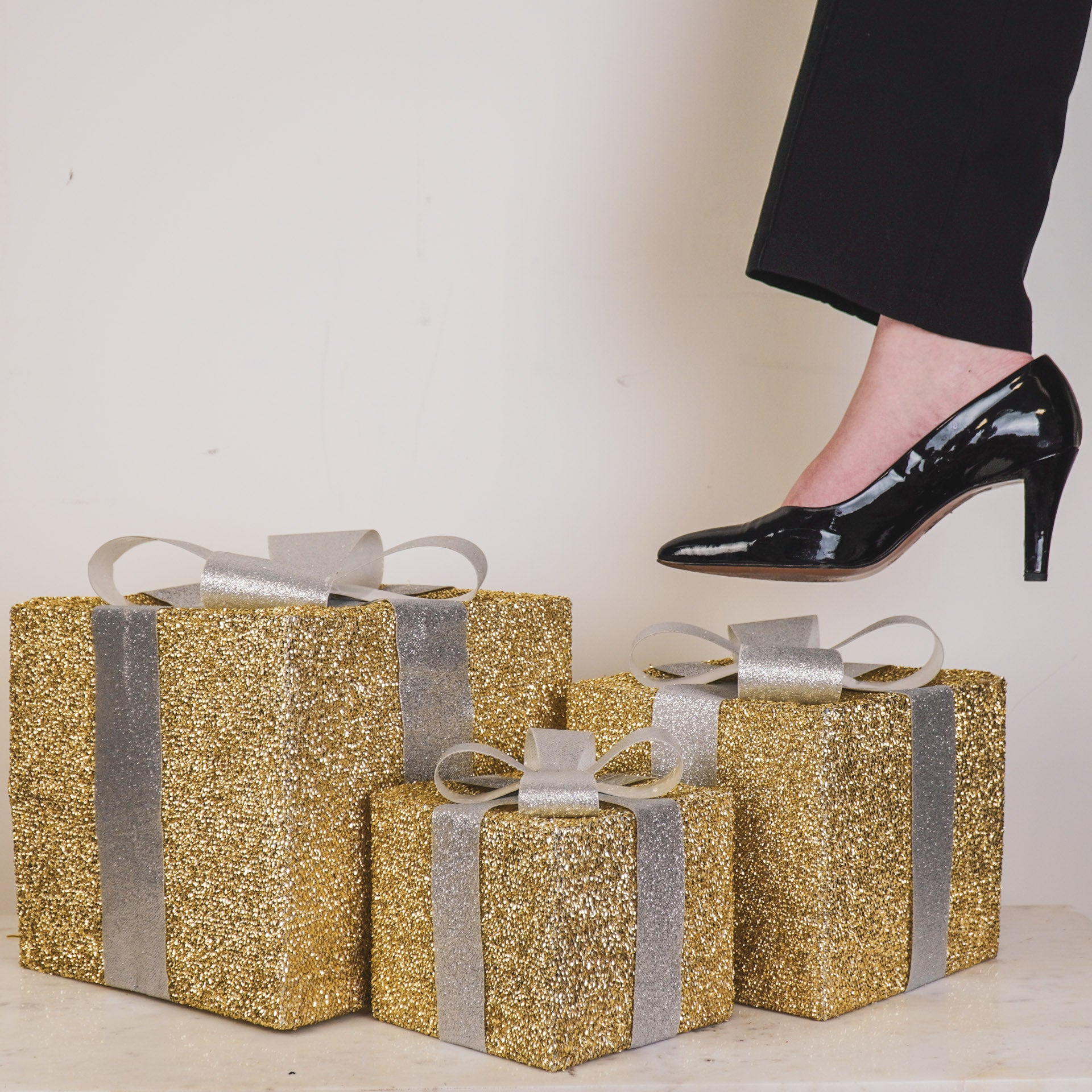 Kerst Led Lamp - Cadeau Set van 3 - Kunststof - Goud/Zilver - 15cm/20cm/25cm