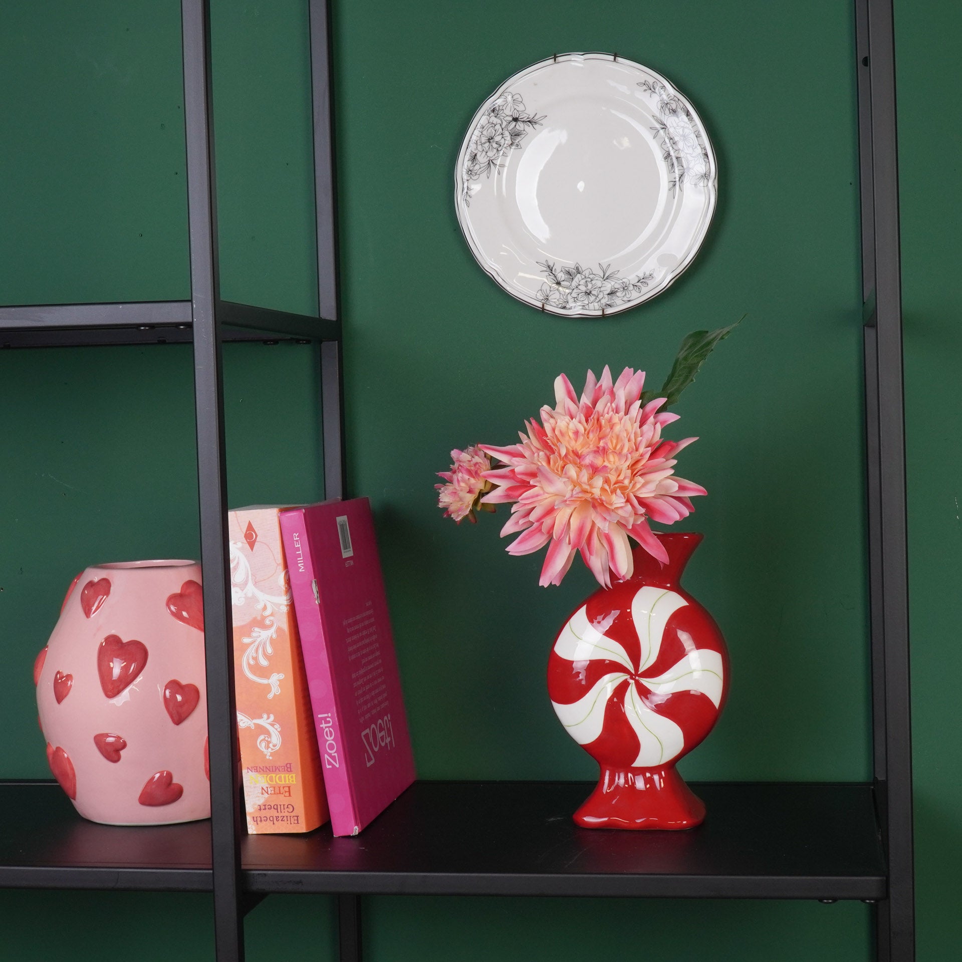 Bloemenvaas- Toffee snoepje- Keramiek- Rood/Wit- 12x6,5x20cm