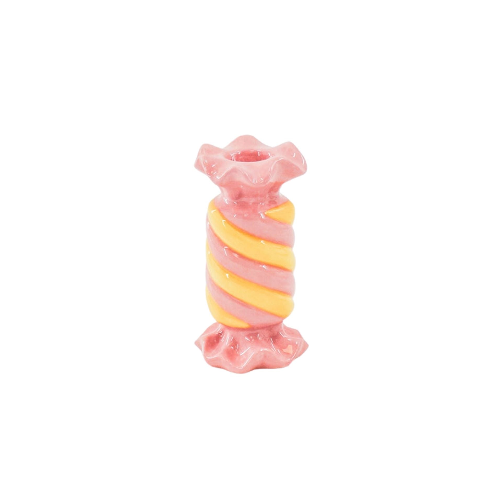 Kandelaar-Toffee Snoepje Kaarshouder- Keramiek-Roze/Geel-7,5x7,5x13 cm