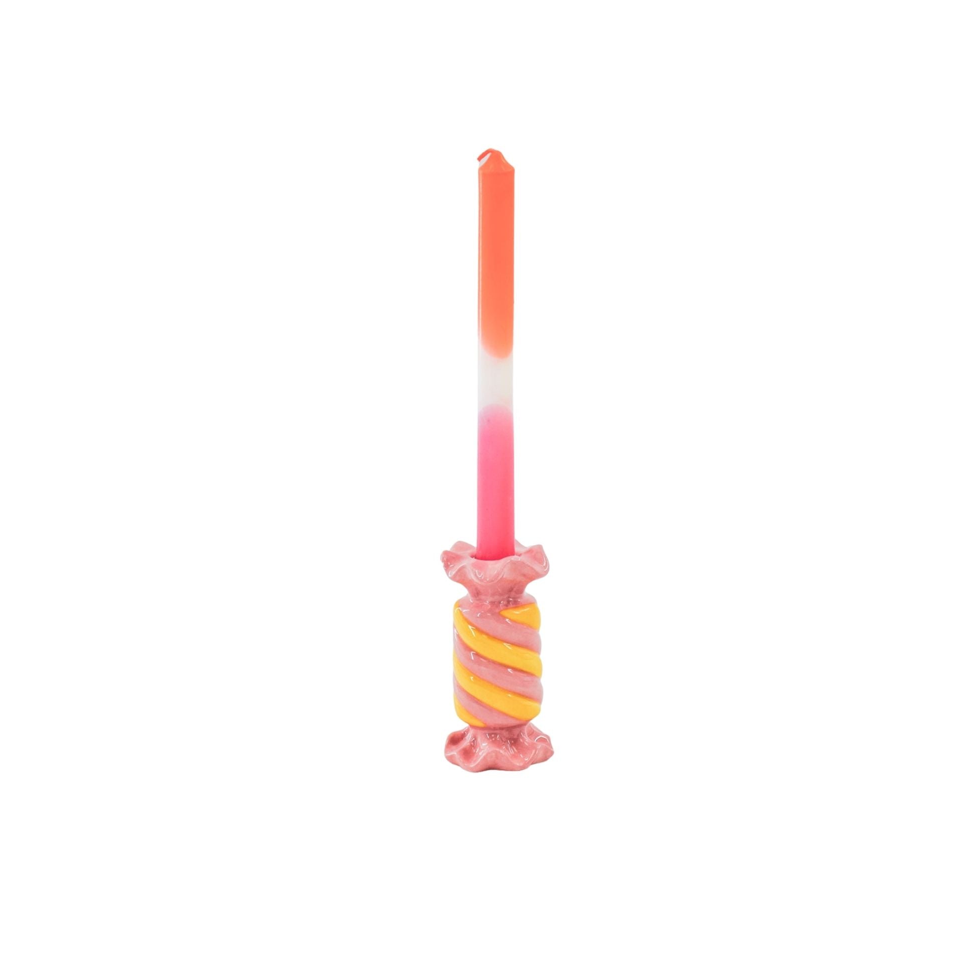 Kandelaar-Toffee Snoepje Kaarshouder- Keramiek-Roze/Geel-7,5x7,5x13 cm