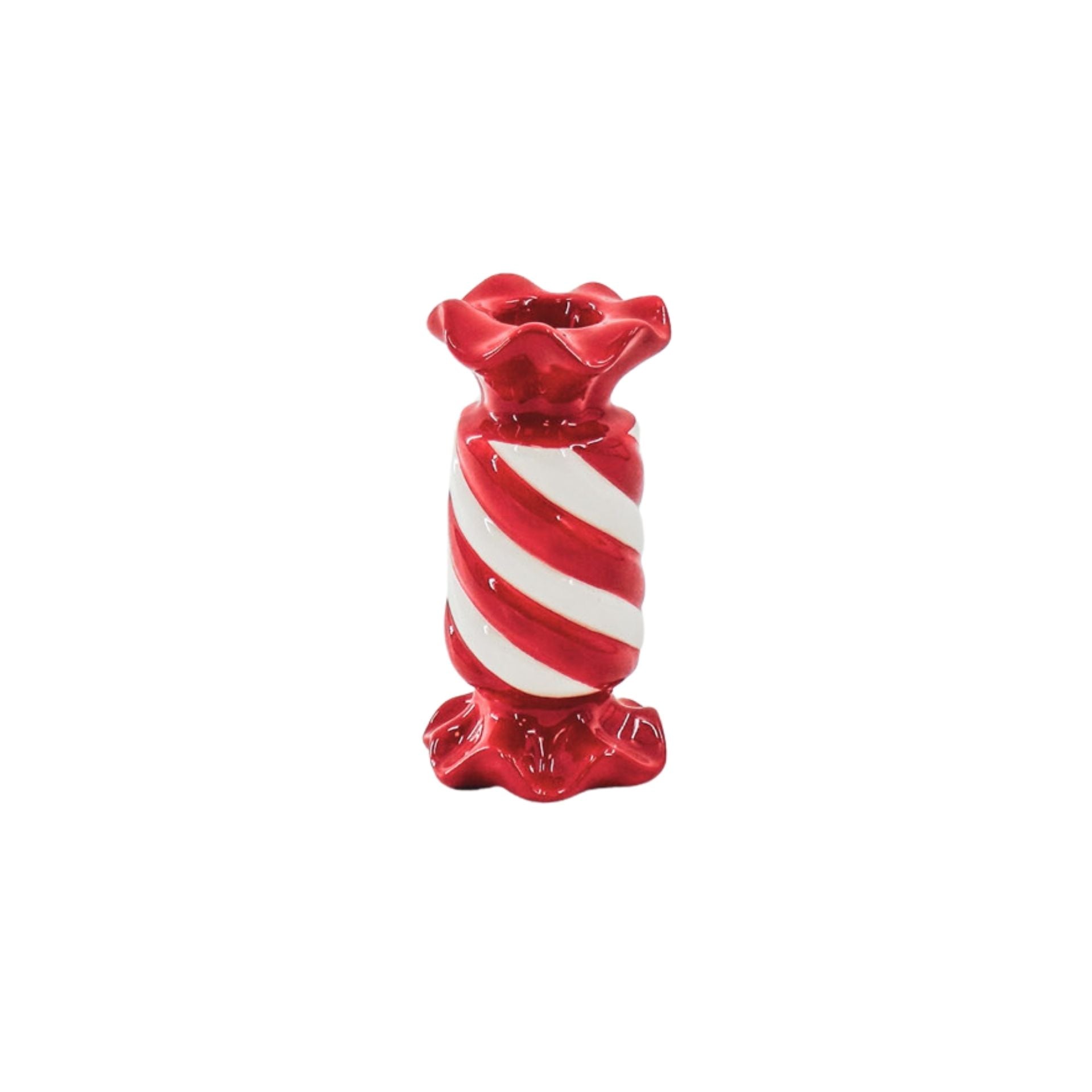 Kandelaar-Toffee Snoepje Kaarshouder- Keramiek- Rood/ Wit-7,5x7,5x13 cm