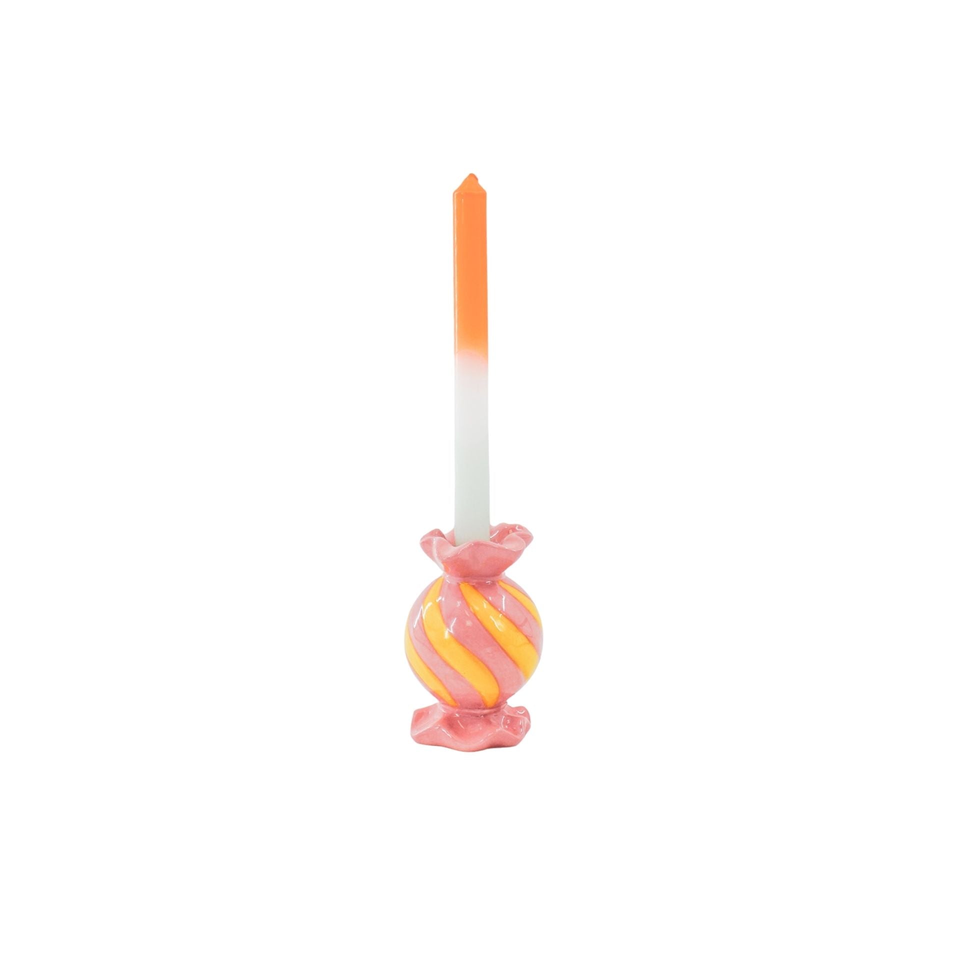 Kandelaar-Rond Toffee Snoepje Kaarshouder- Keramiek-Roze/ Geel-8,5x8,5x13 cm
