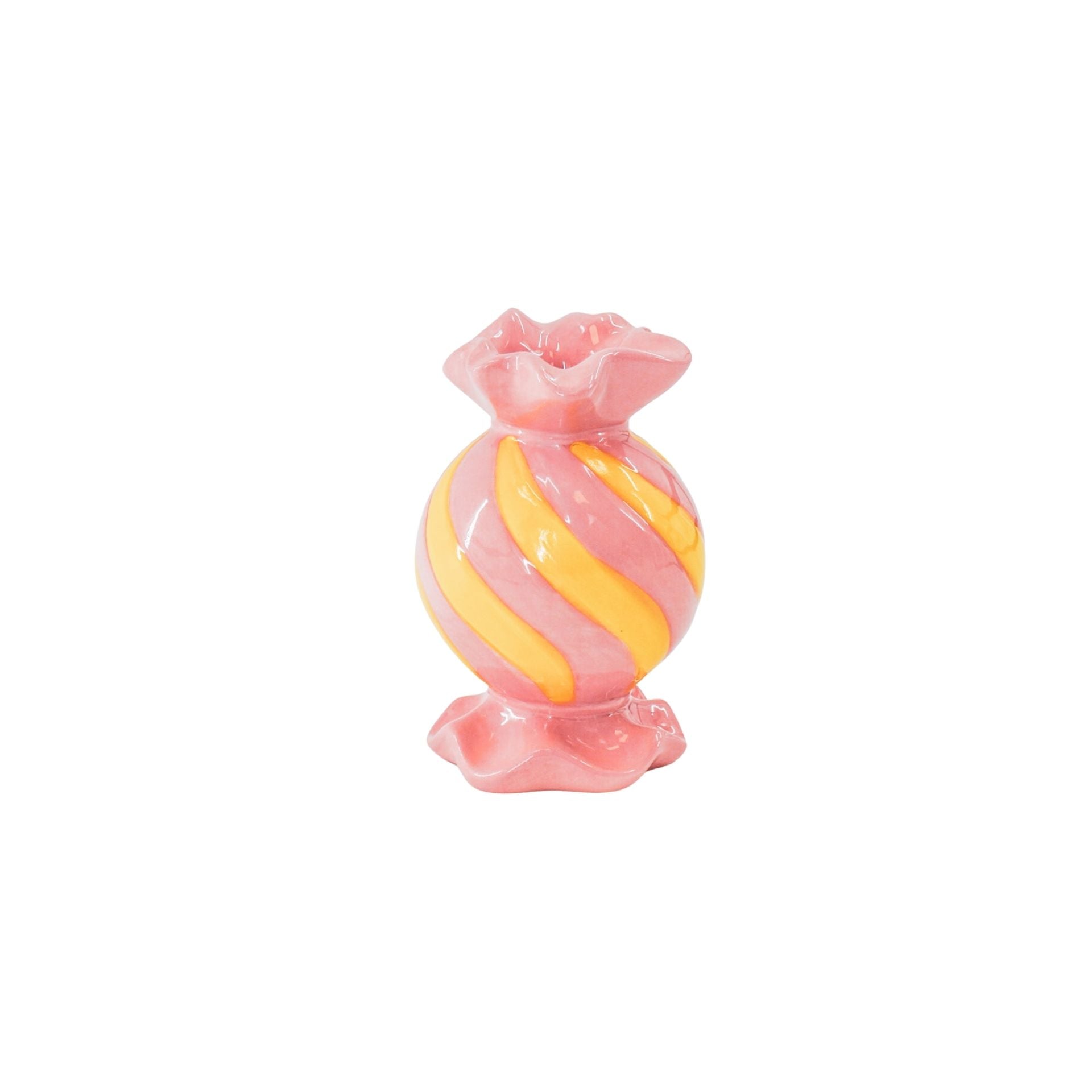 Kandelaar-Rond Toffee Snoepje Kaarshouder- Keramiek-Roze/ Geel-8,5x8,5x13 cm