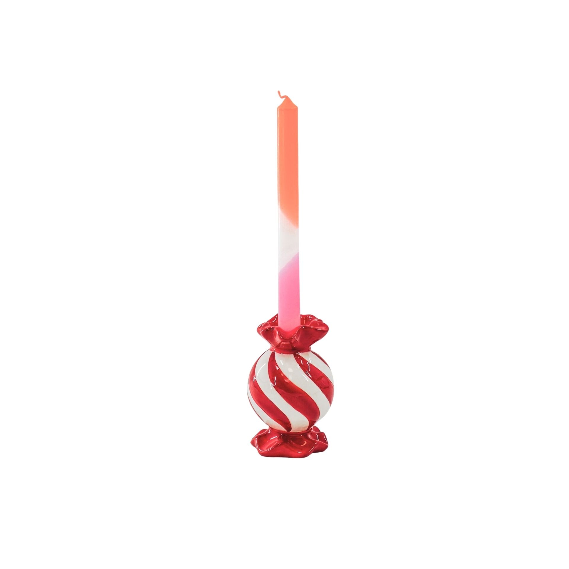 Kandelaar- Rond Toffee Snoepje Kaarshouder- Keramiek- Rood/ Wit- 8,5x8,5x13 cm