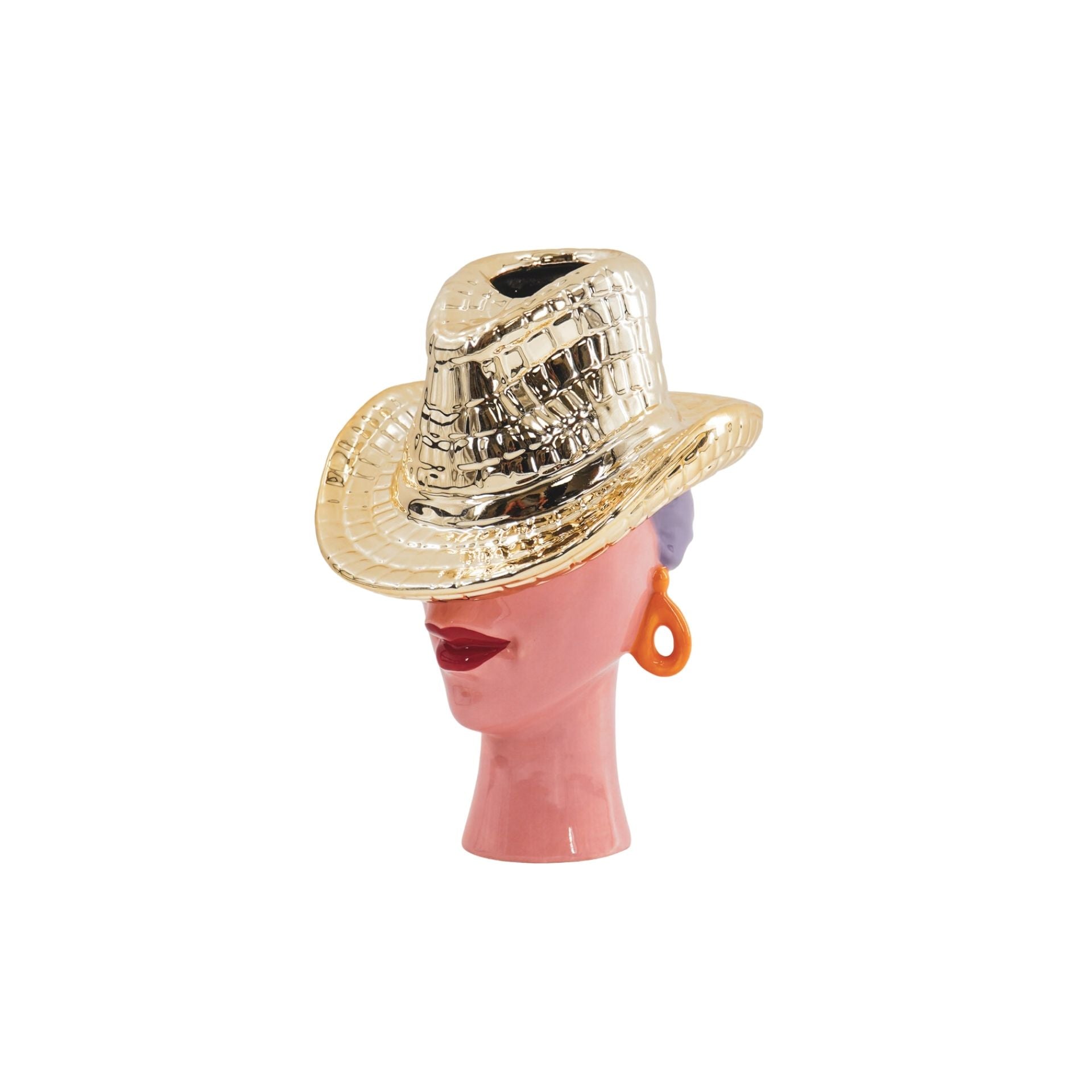Bloemenvaas- Vrouw met Cowboy Hoed Vaas- Keramiek- Goud- 19x16x23,5 cm