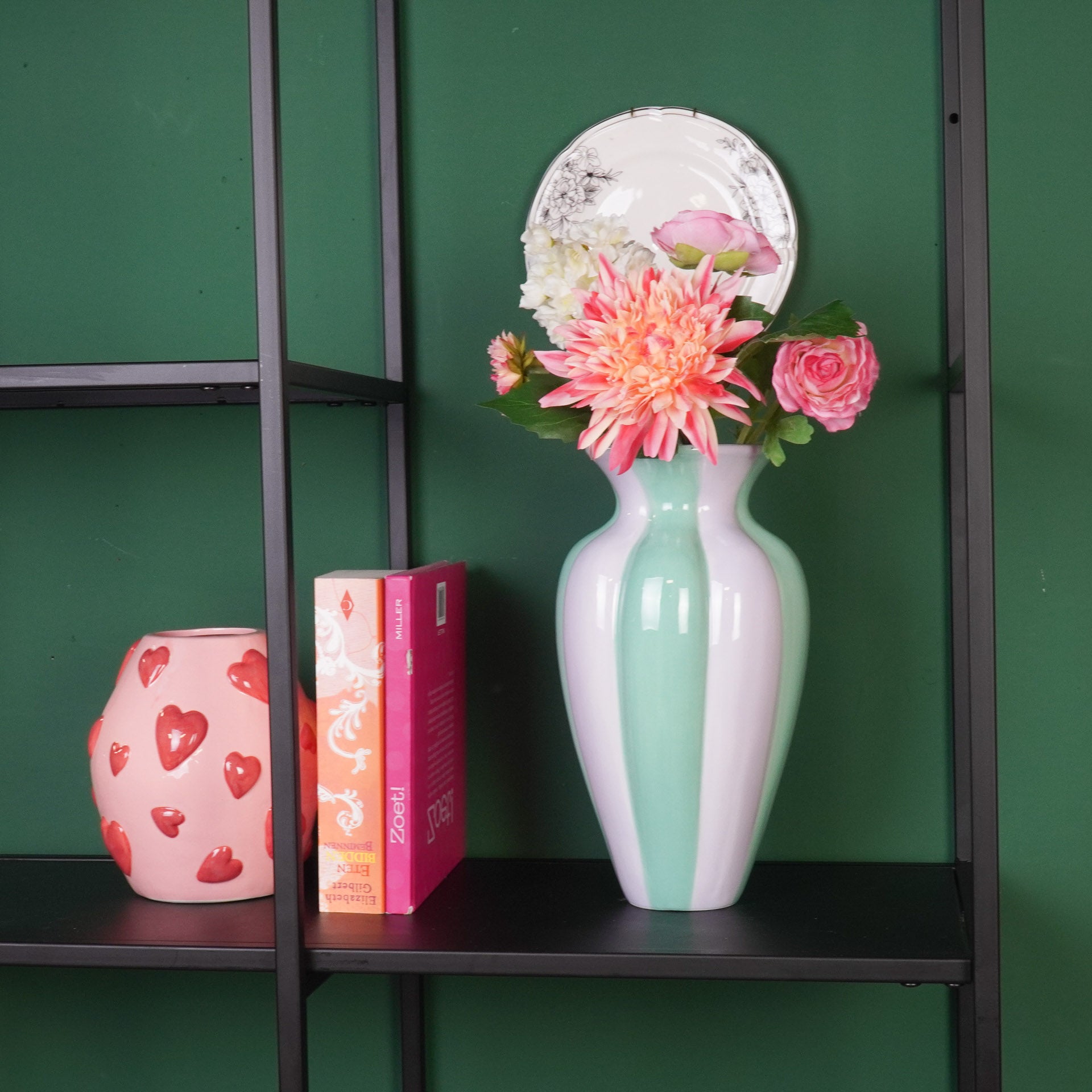 Bloemenvaas- Geplooide Vaas- Keramiek- Lila/Groen- 16,5x16,5x29,5 cm
