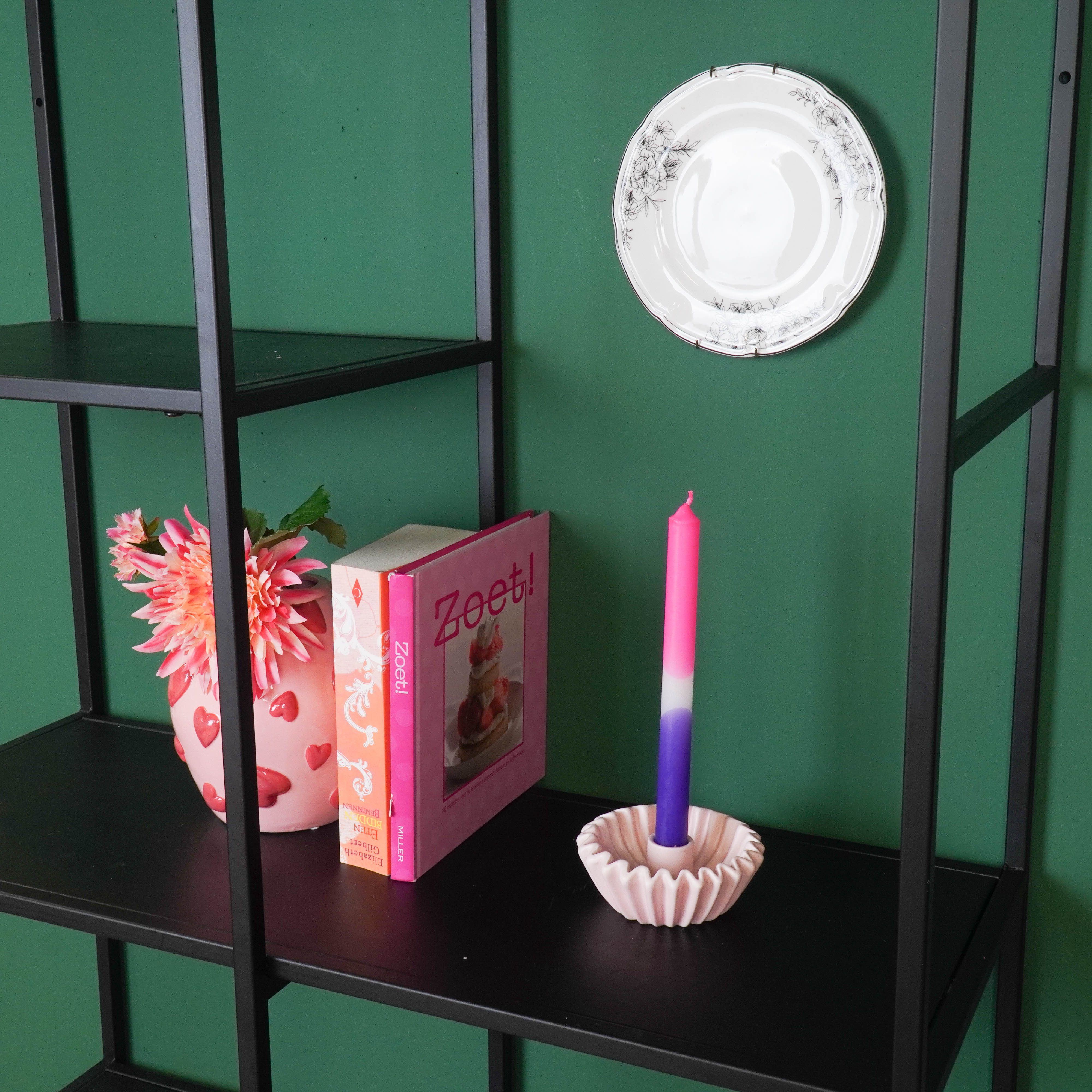 Kandelaar- Plissé Kaarshouder- Keramiek- Licht Roze- 12x12x4,5 cm