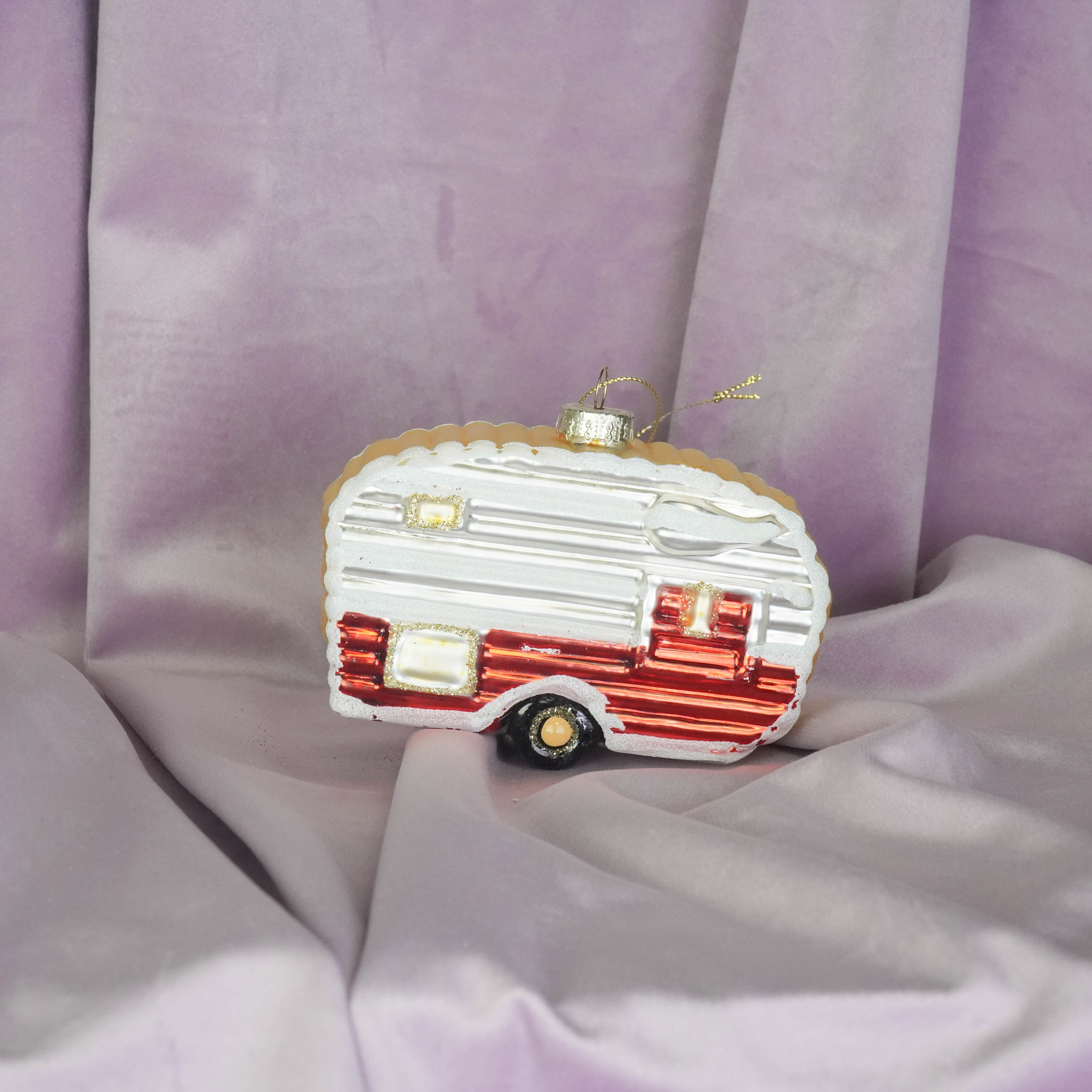 Kerstversiering -  Kersthanger - Caravan - Wit/ Rood  - Glas - 11,5x5x8cm