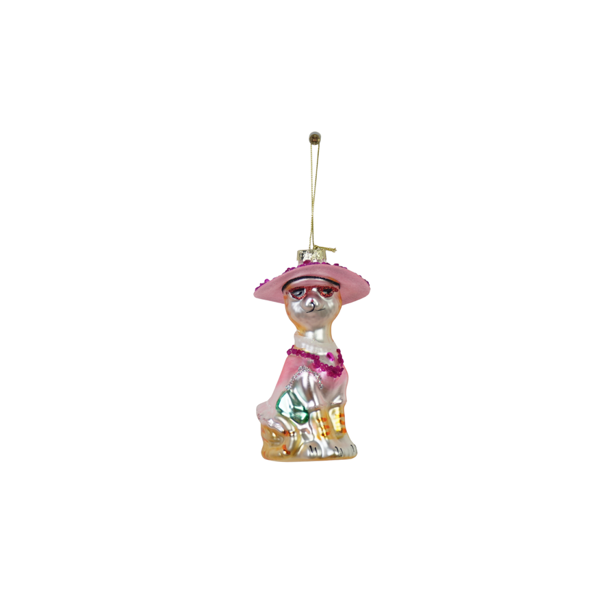 Kerstversiering -  Kersthanger  - Diva Kat - Wit/ Roze -  Glas - 12x6x5cm