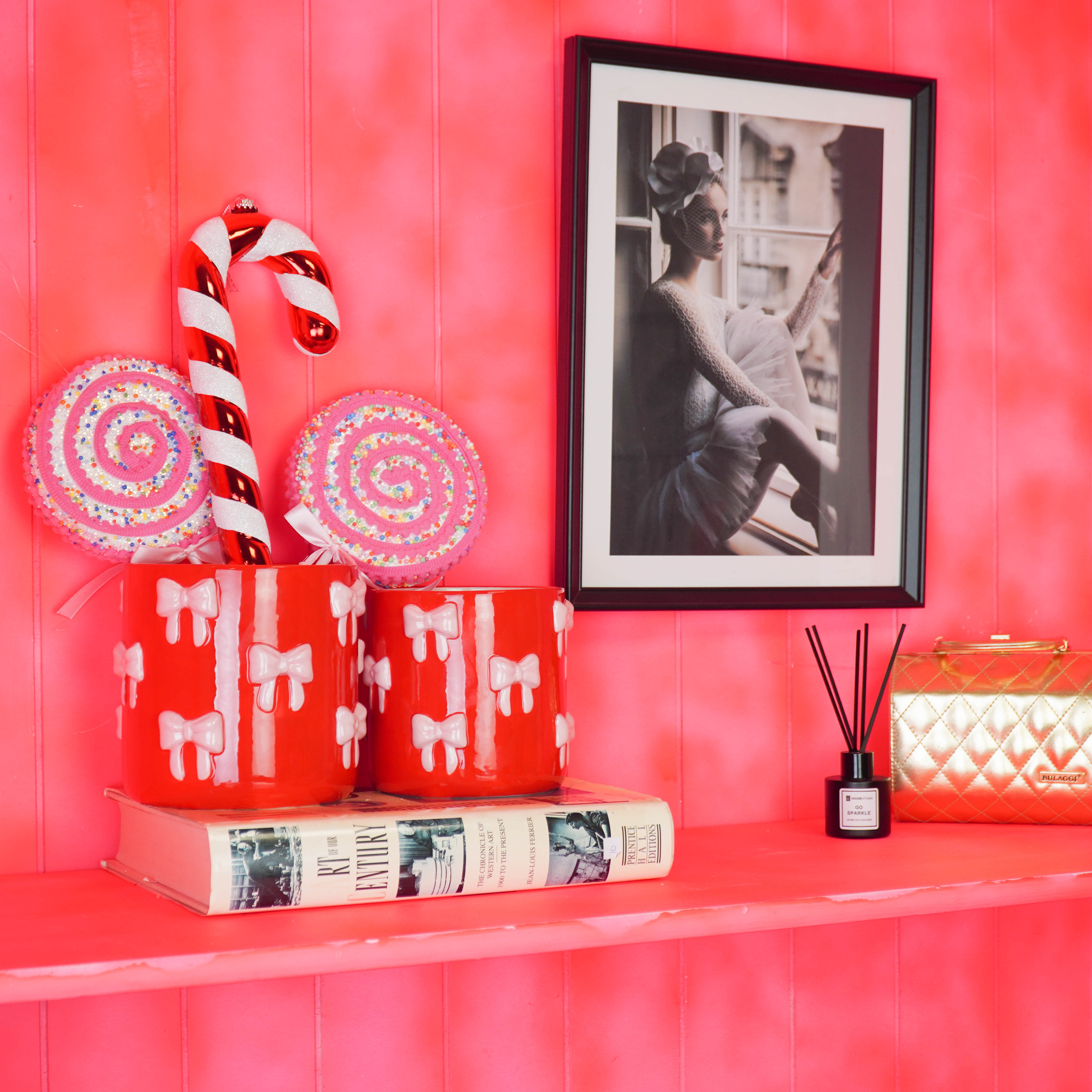 Pot - Planten Pot Strikjes - Dolomiet - Rood/Roze - 12.5x12.5x13 cm