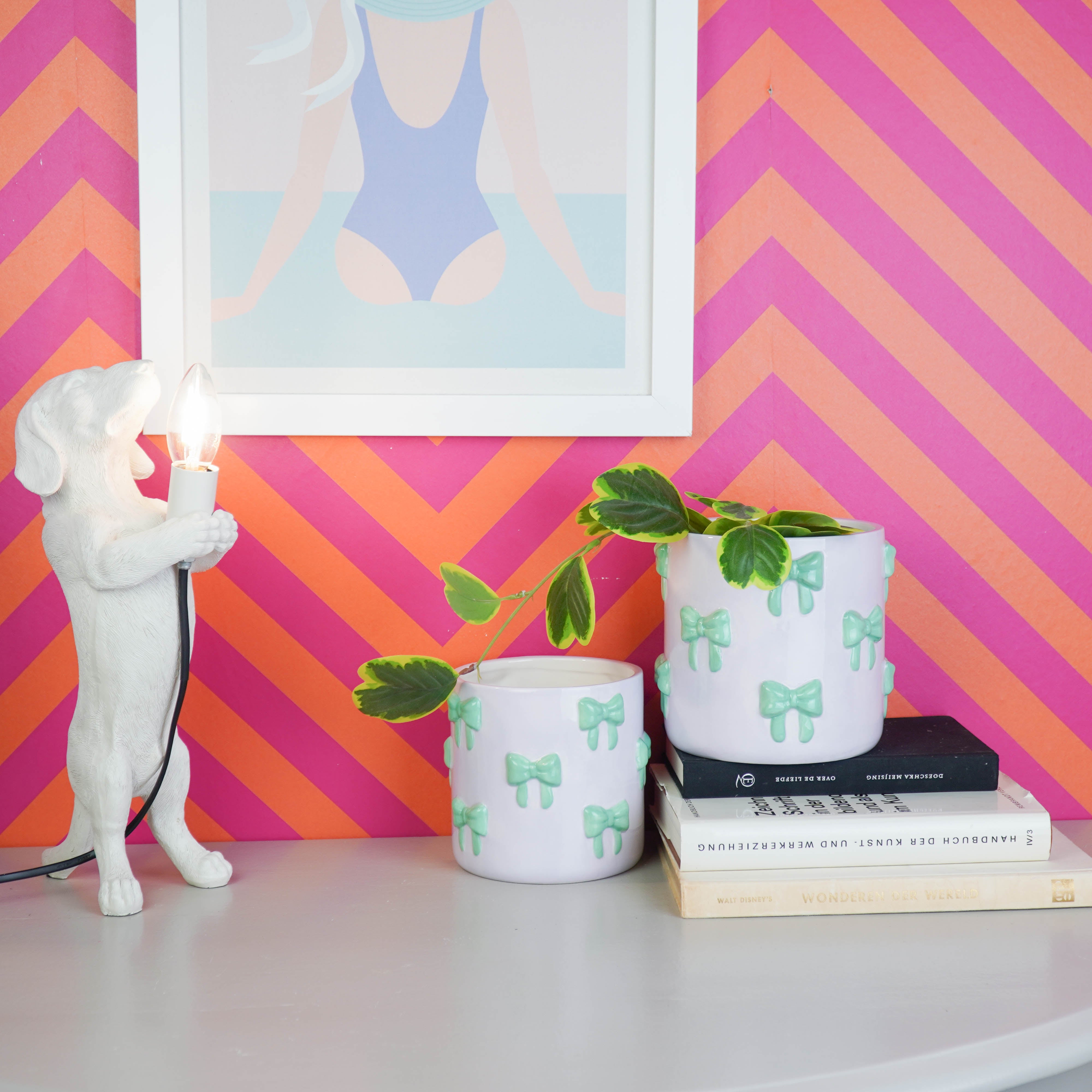 Pot - Planten Pot Strikjes - Dolomiet - Lila/ Groen - 12.5x12.5x13 cm