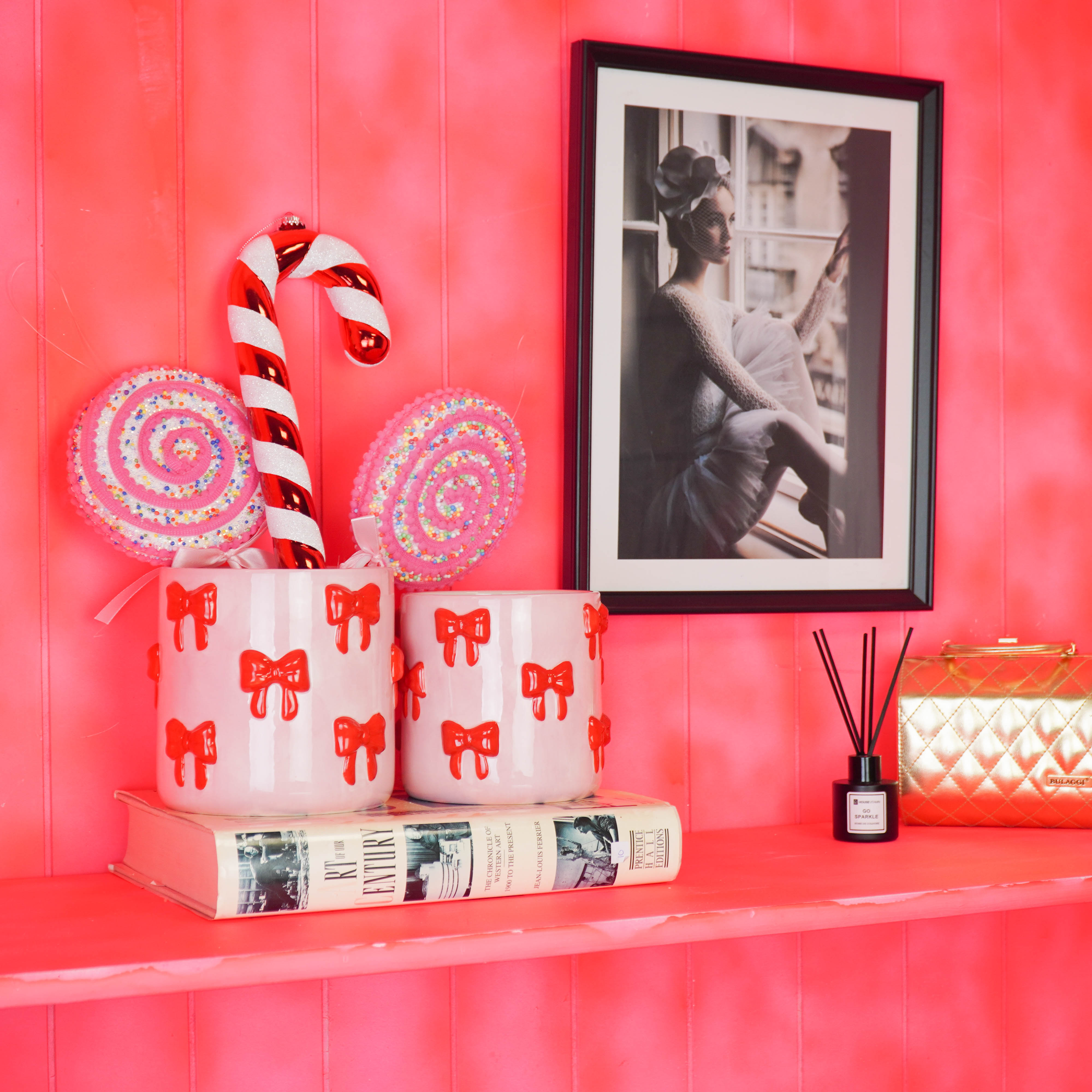 Pot - Planten Pot Strikjes - Dolomiet - Roze/Rood - 12.5x12.5x13 cm