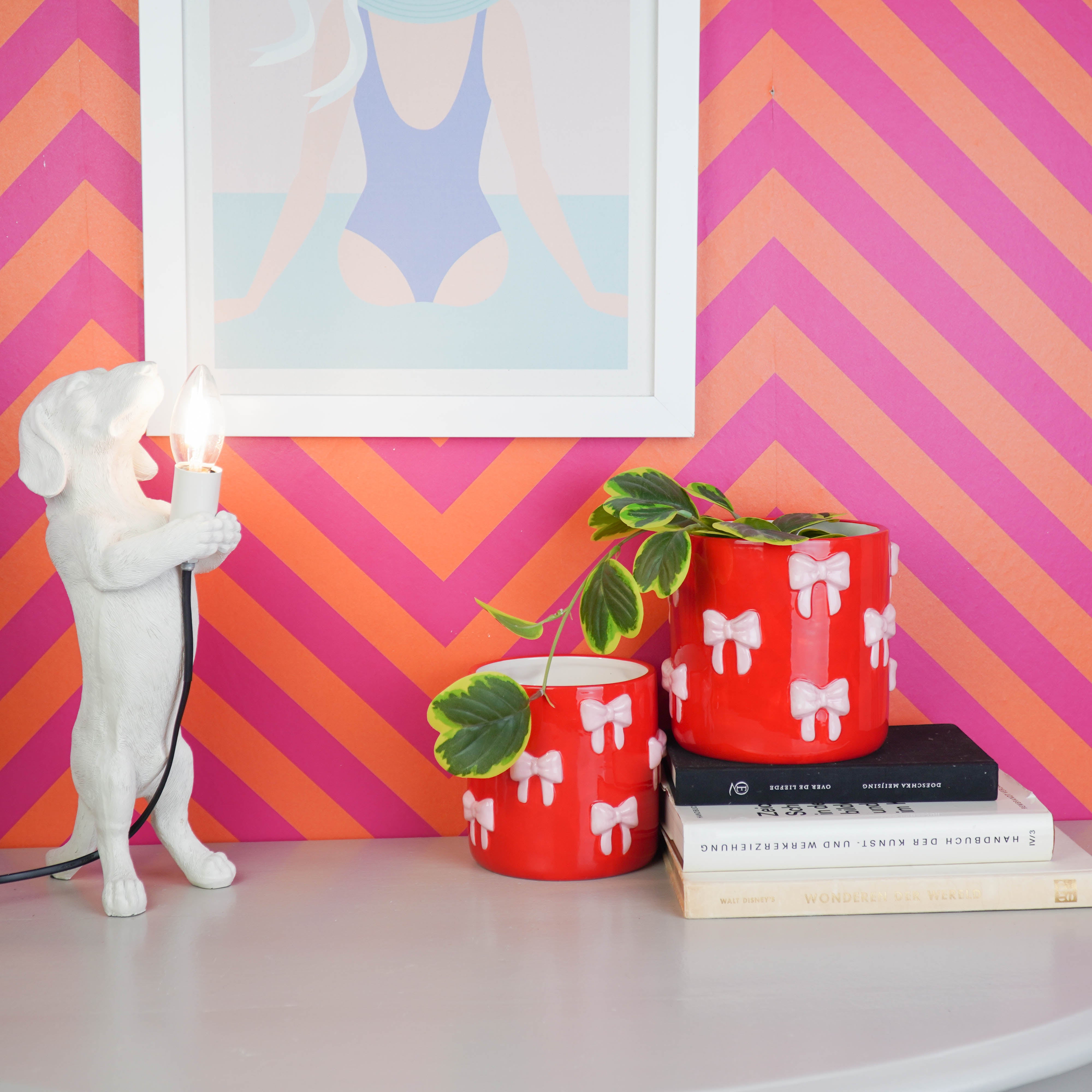 Pot - Planten Pot Strikjes - Dolomiet - Rood/Roze - 15.5x15.5x16 cm