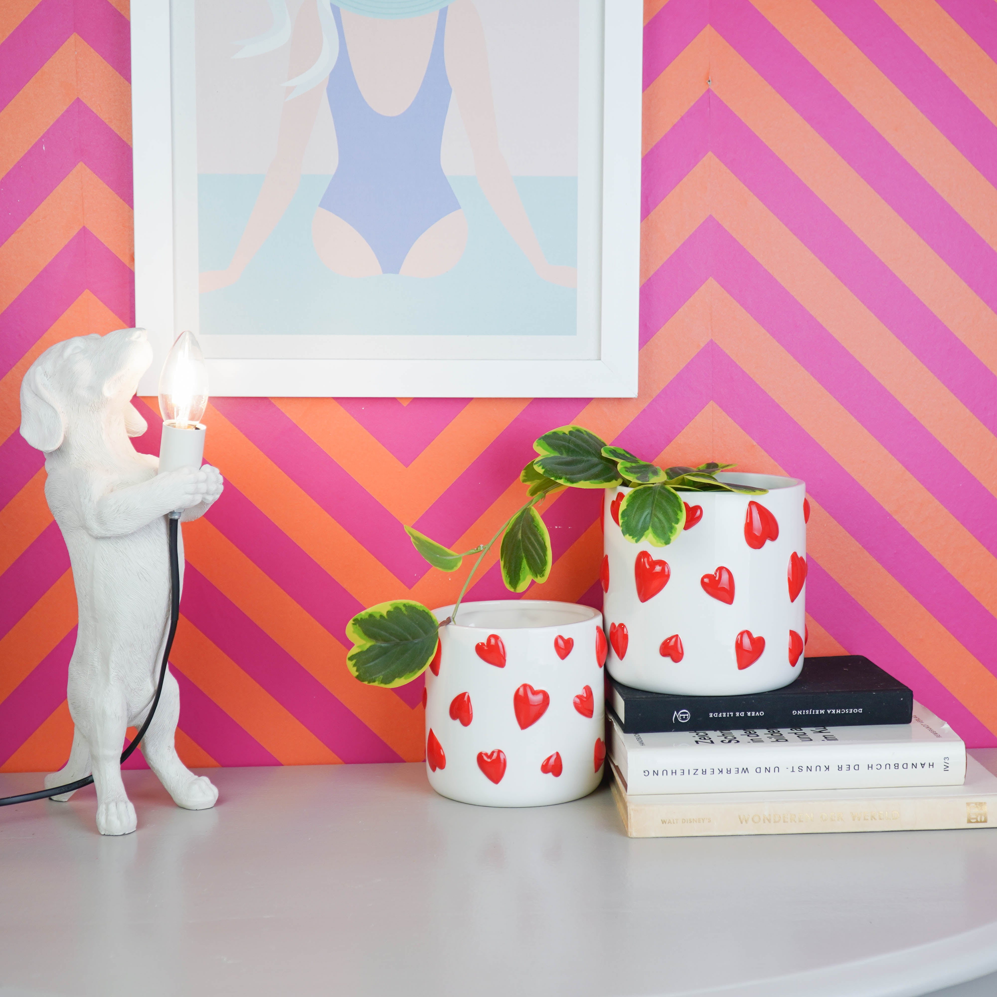 Pot - Planten Pot Hartjes - Dolomiet - Wit / Rood - 12.5x12.5x13 cm