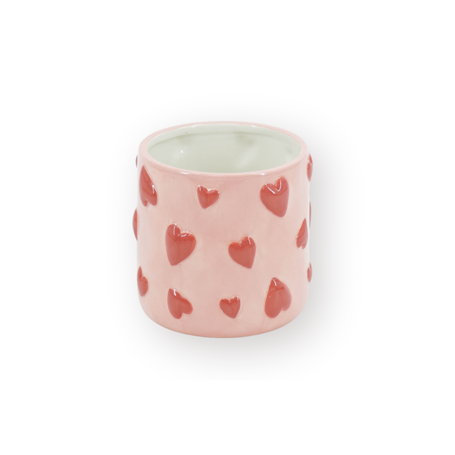 Pot - Planten Pot Hartjes - Dolomiet - Roze / Rood - 12.5x12.5x13 cm