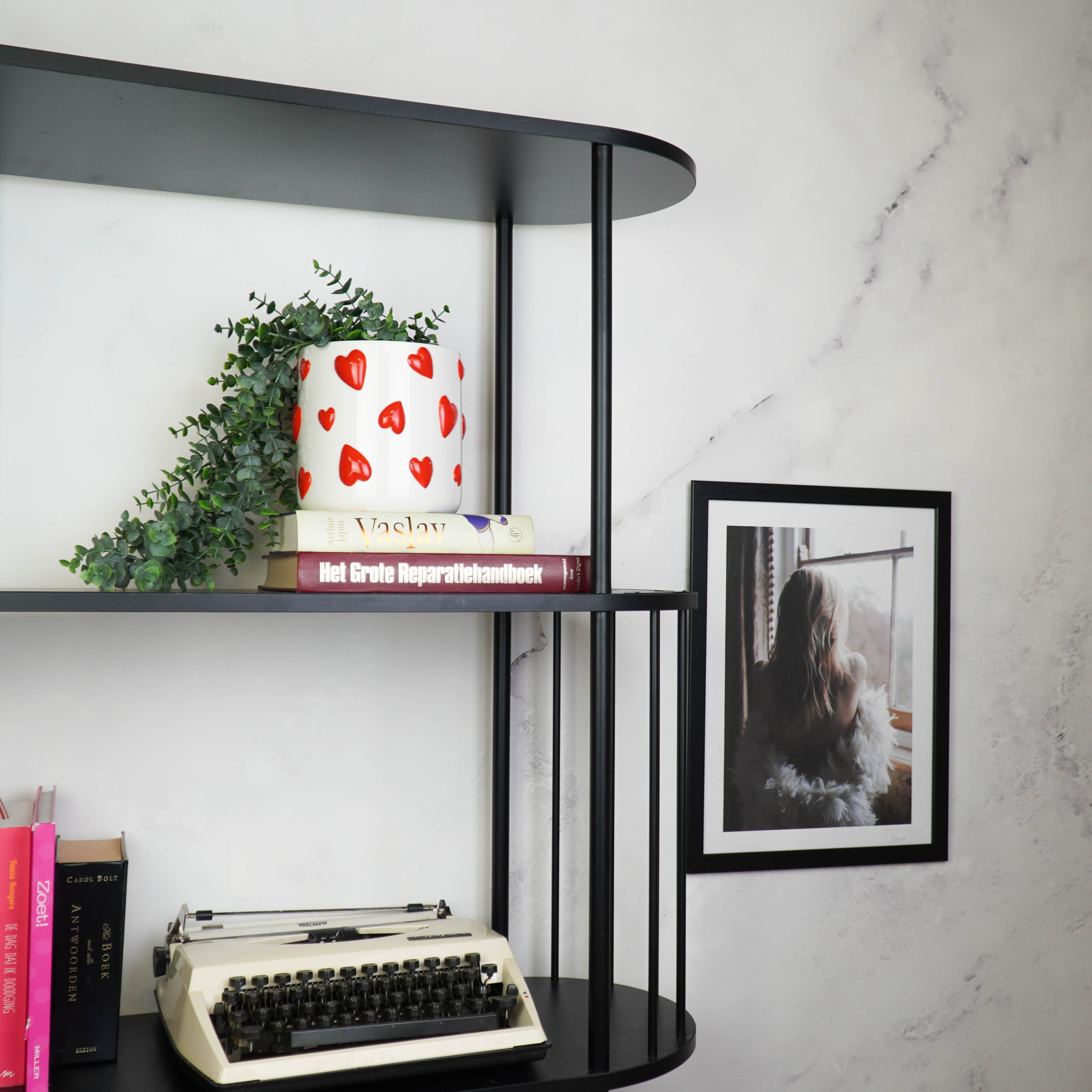 Pot - Planten Pot Hartjes - Dolomiet - Wit / Rood - 15.5x15.5x16 cm