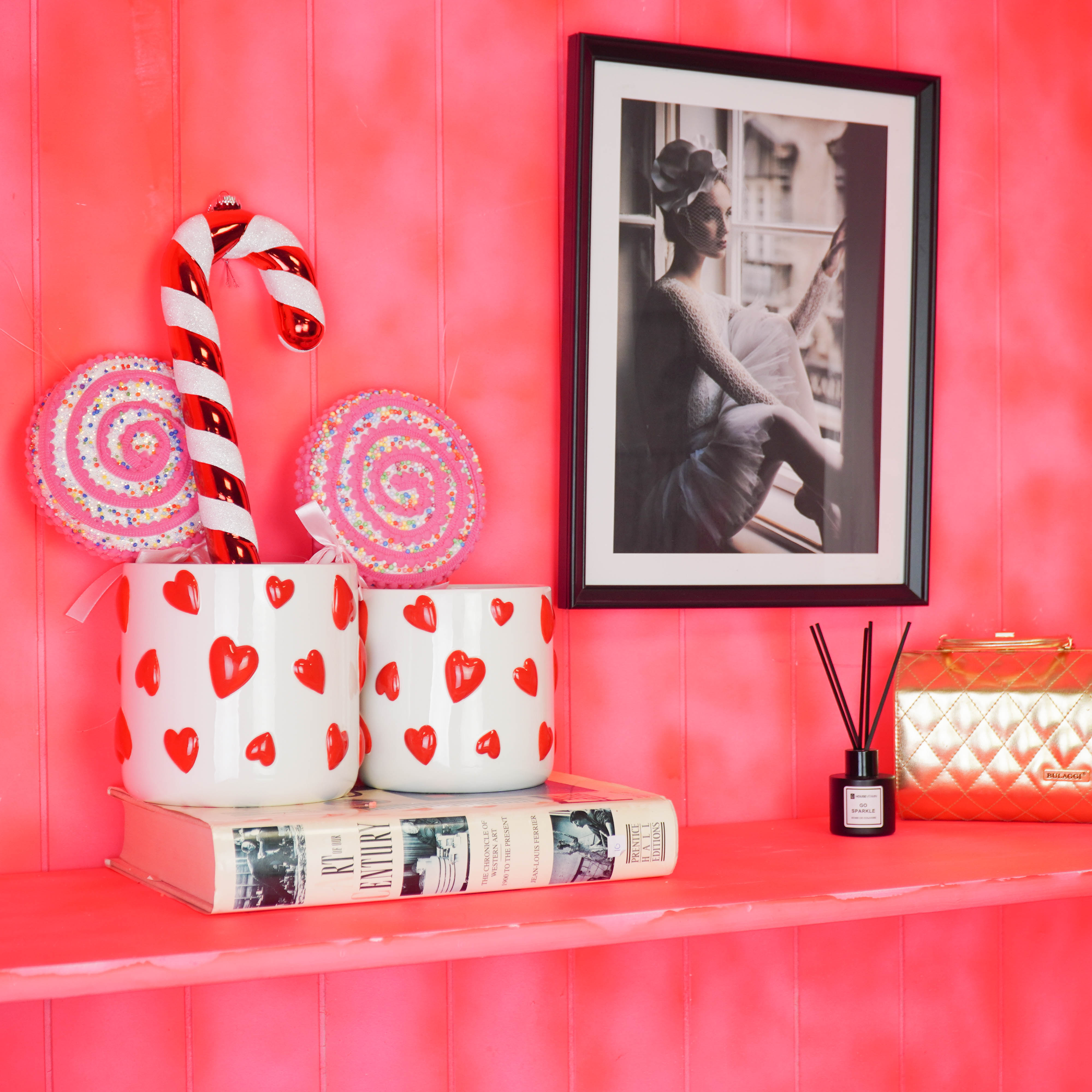 Pot - Planten Pot Hartjes - Dolomiet - Wit / Rood - 15.5x15.5x16 cm