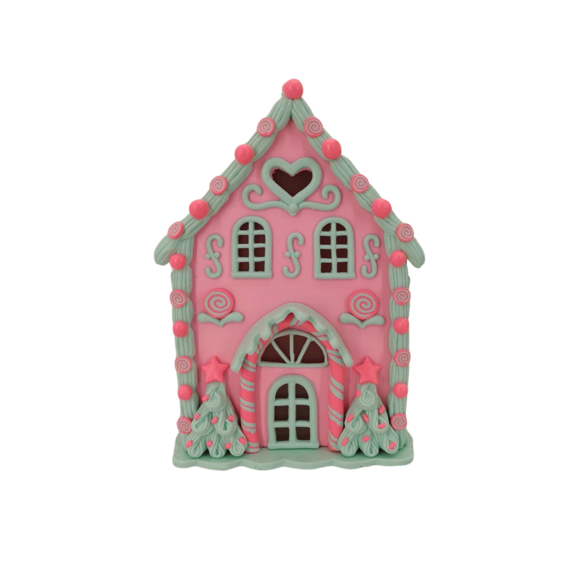 Kerst Decoratie -Led Lamp Snoephuis - Klei - Roze/Mint - 13x18,5 cm