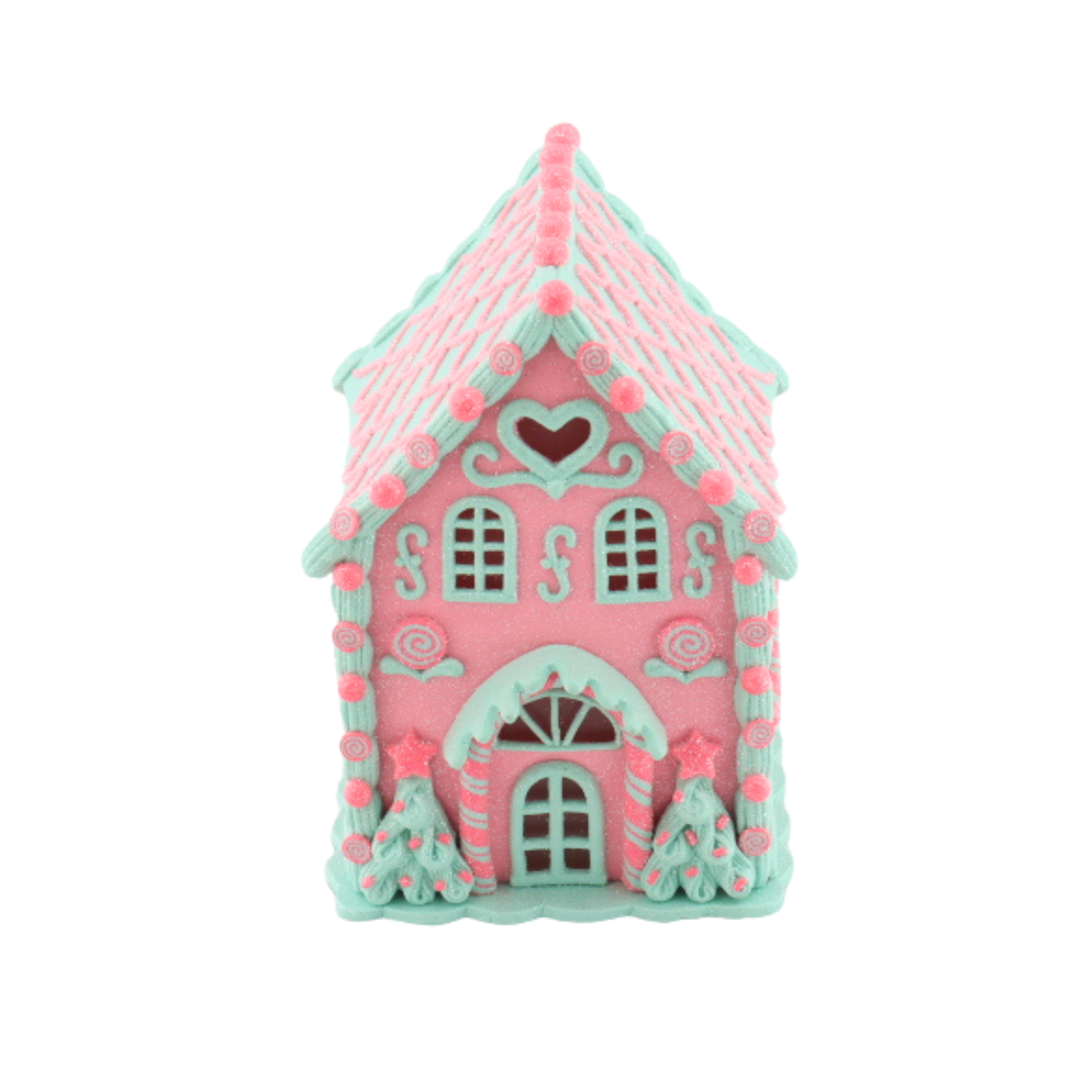 Kerst Decoratie -Led Lamp Snoephuis - Klei - Roze/Mint - 13x18,5 cm