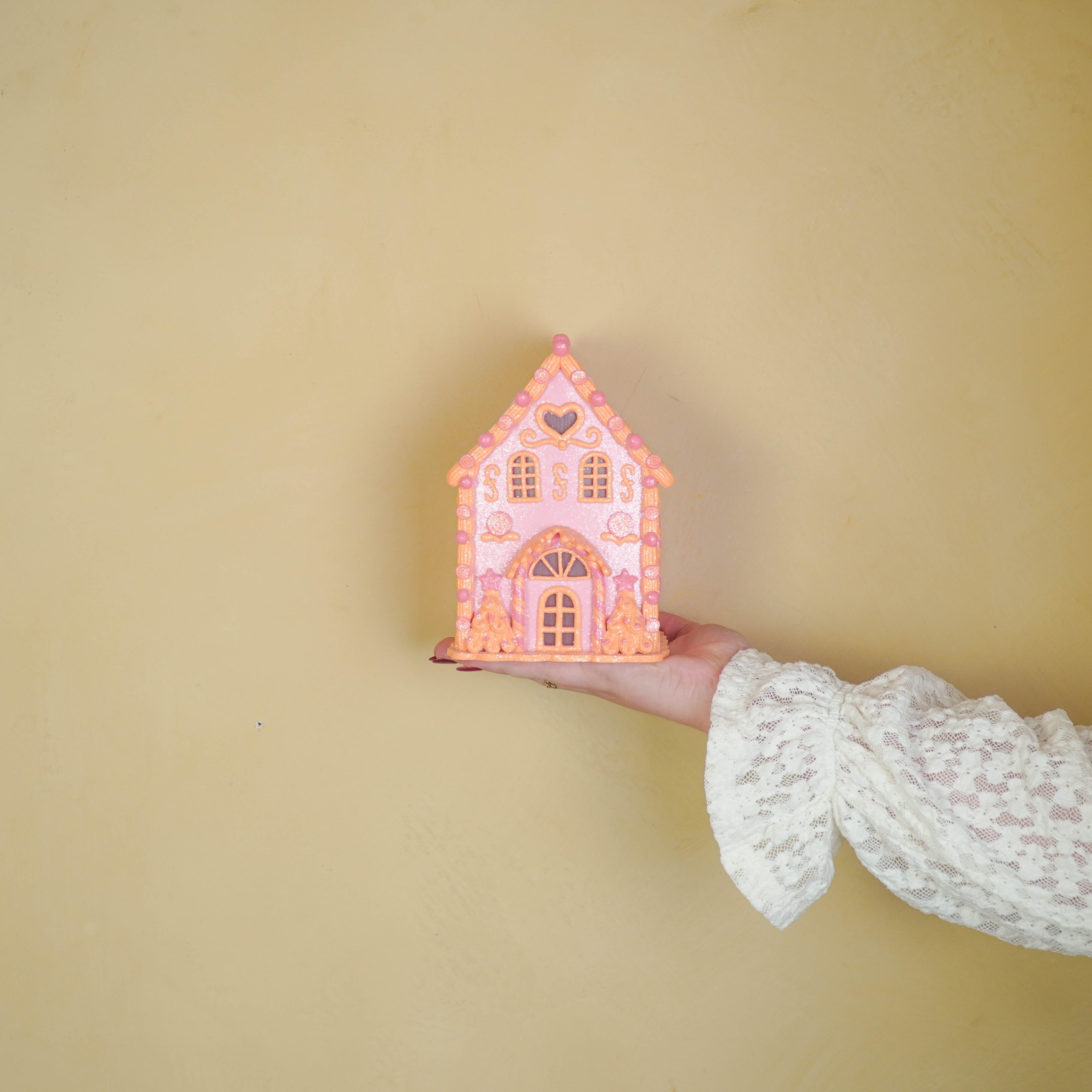 Kerst Decoratie - Led Lamp Snoephuis - Klei - Roze/Oranje - 13x18,5 cm