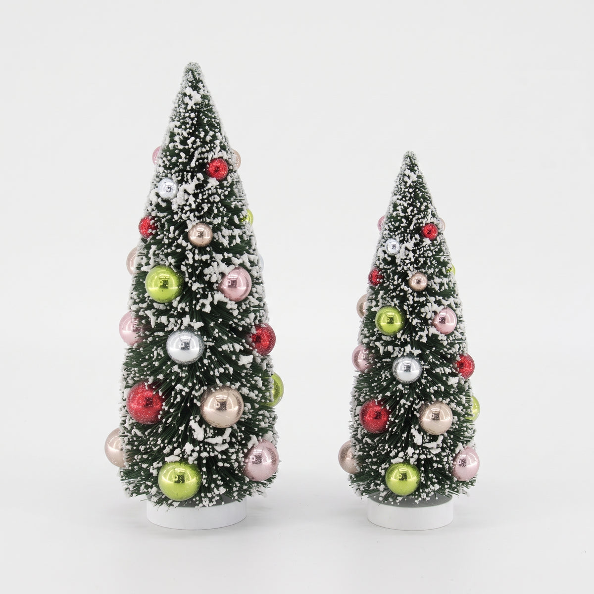 Set van 2 Groene Kunst Kerstboompjes met gekleurde ballen- 11x23 cm en 12,5 x 30 cm