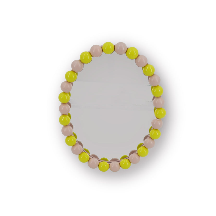 Spiegel - Wand Spiegel met Bolletjesrand - MDF/ Glas - Licht Roze/ Geel - 29x22.5cm