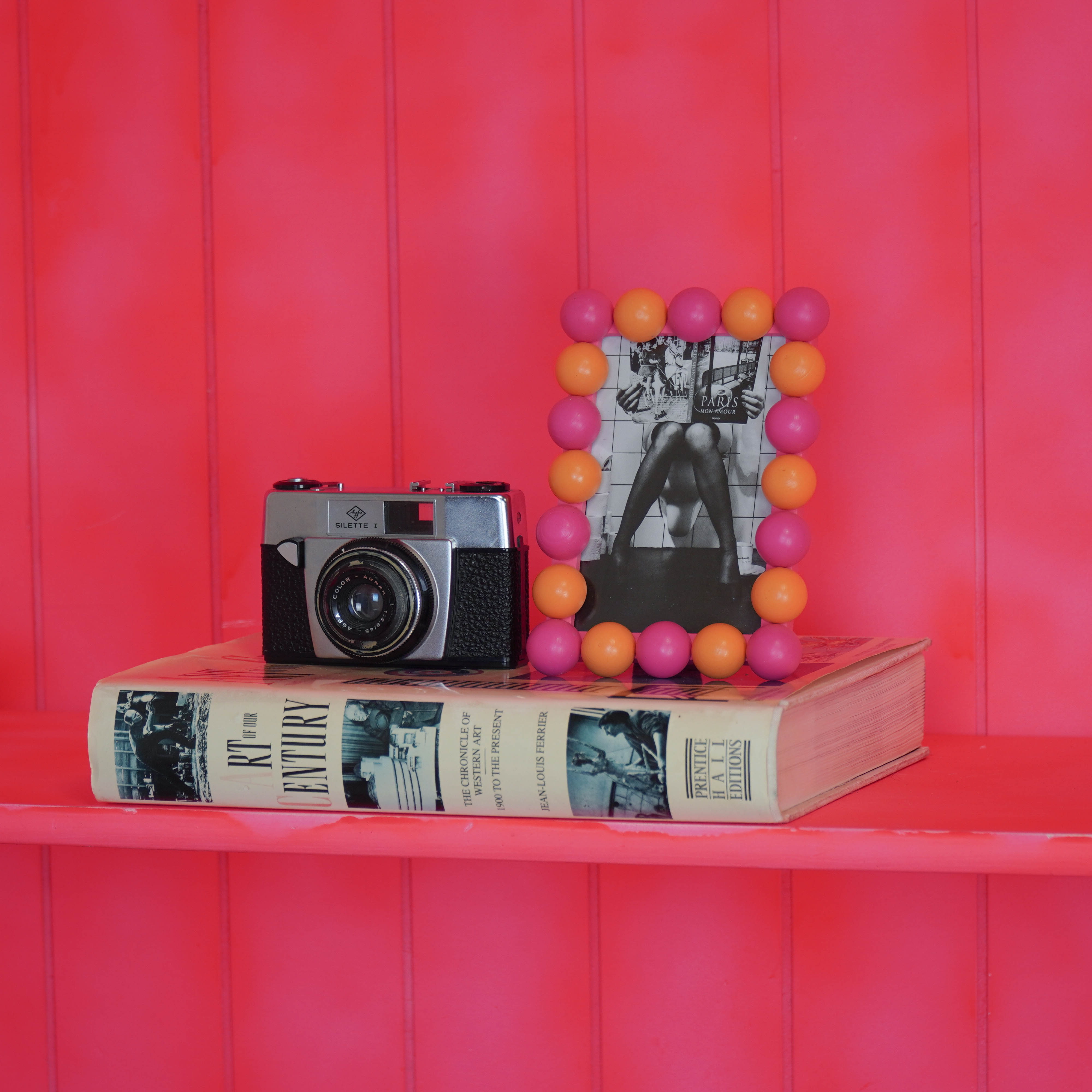 Fotolijst - Rechthoekig met Bolletjes Rand - MDF - Oranje/ Neon Roze - 18.5x13.5cm