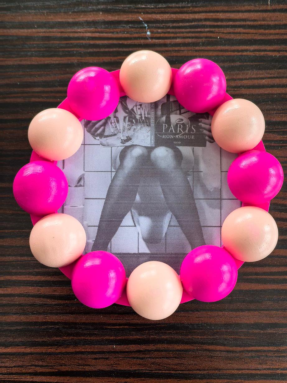 Fotolijst - Rond met Bolletjes Rand - MDF - Licht Roze/ Neon Roze - 14.5x14.5cm